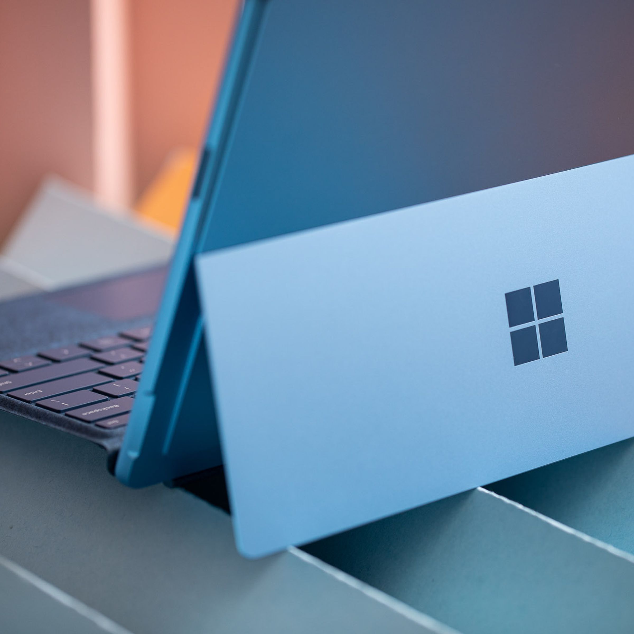 The Surface Pro 9 in laptop mode seen from beind.
