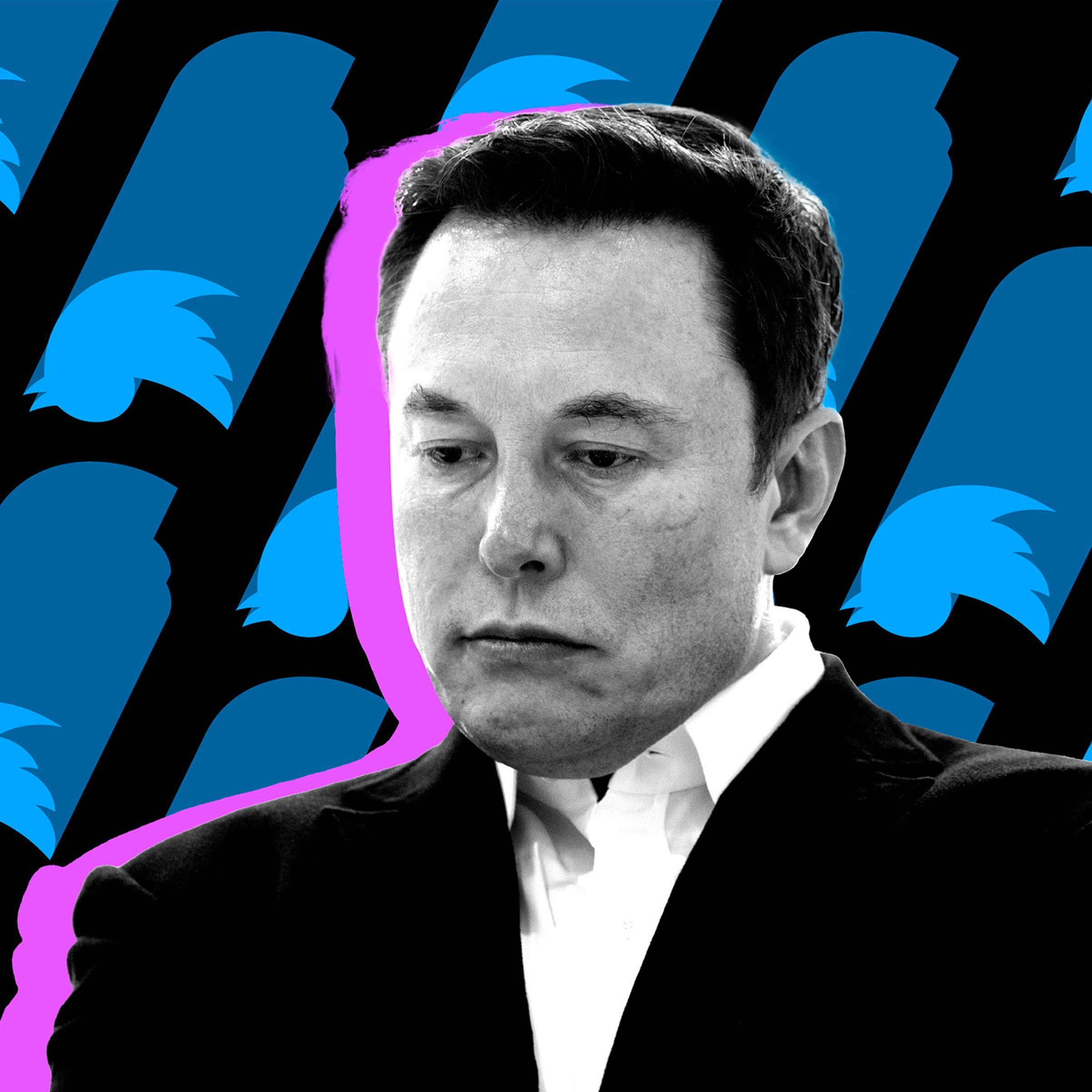 Elon Musk shown looking downward in front of upside-down Twitter logos.