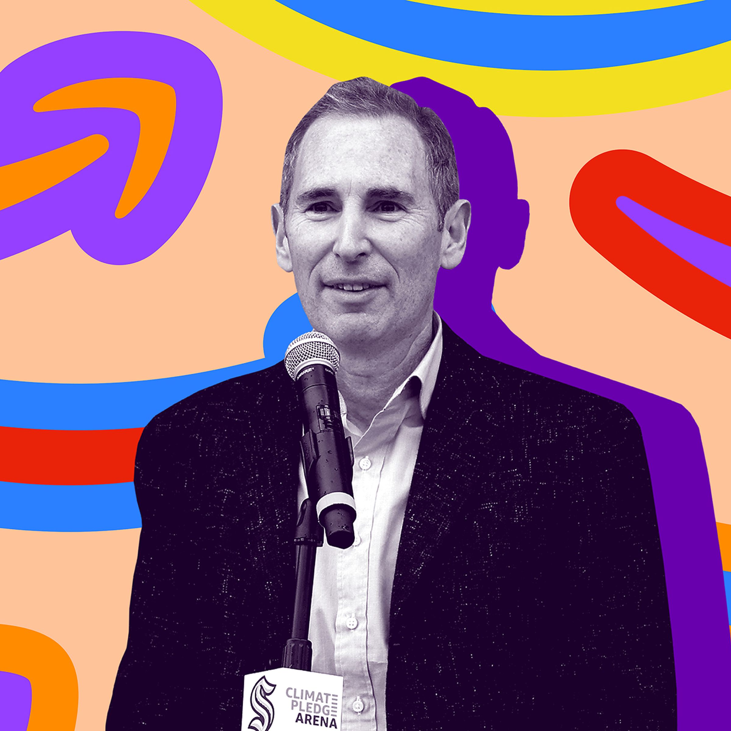 An image showing Amazon CEO Andy Jassy on a colorful background