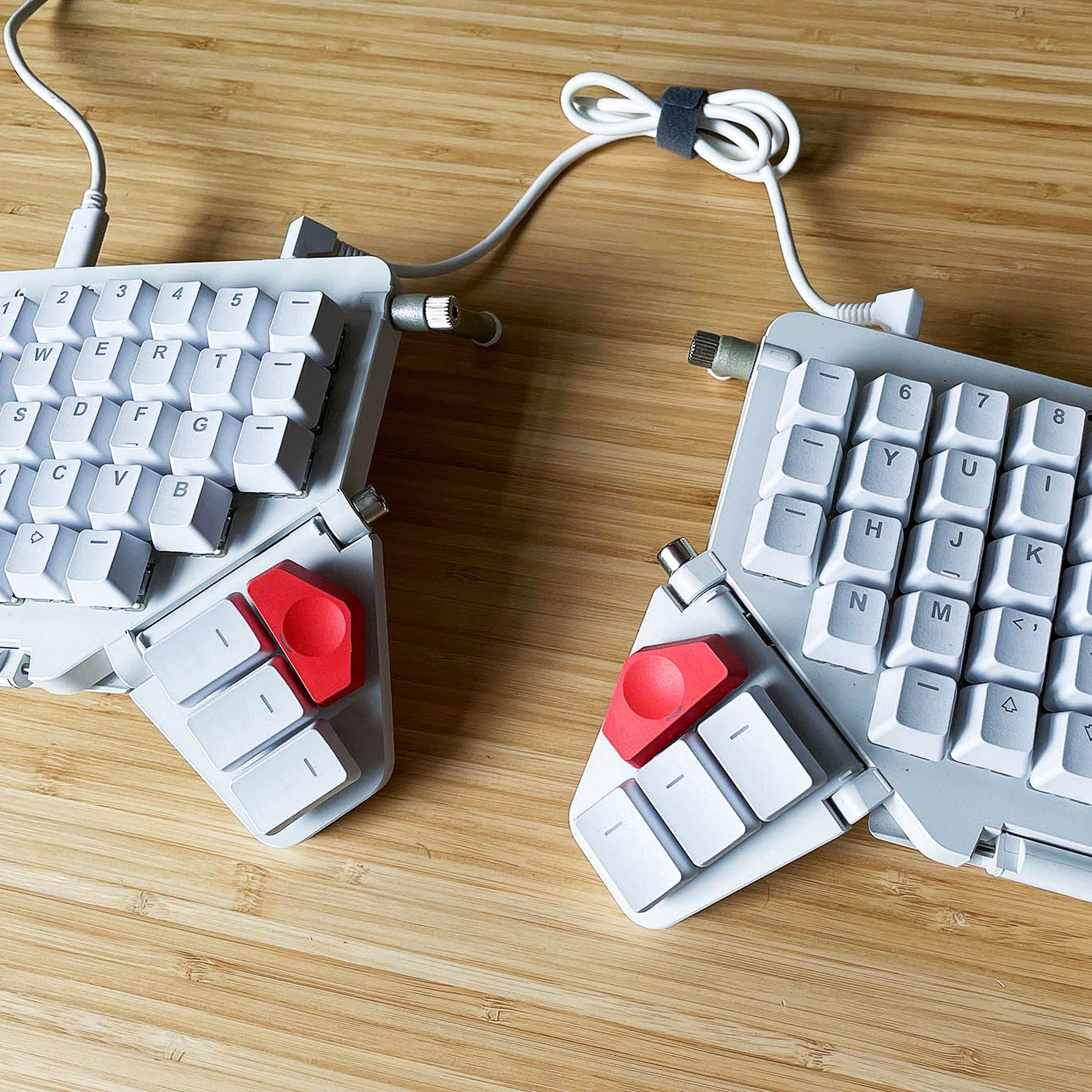 The ZSA Moonlander Mark 1 ergonomic customizable keyboard.
