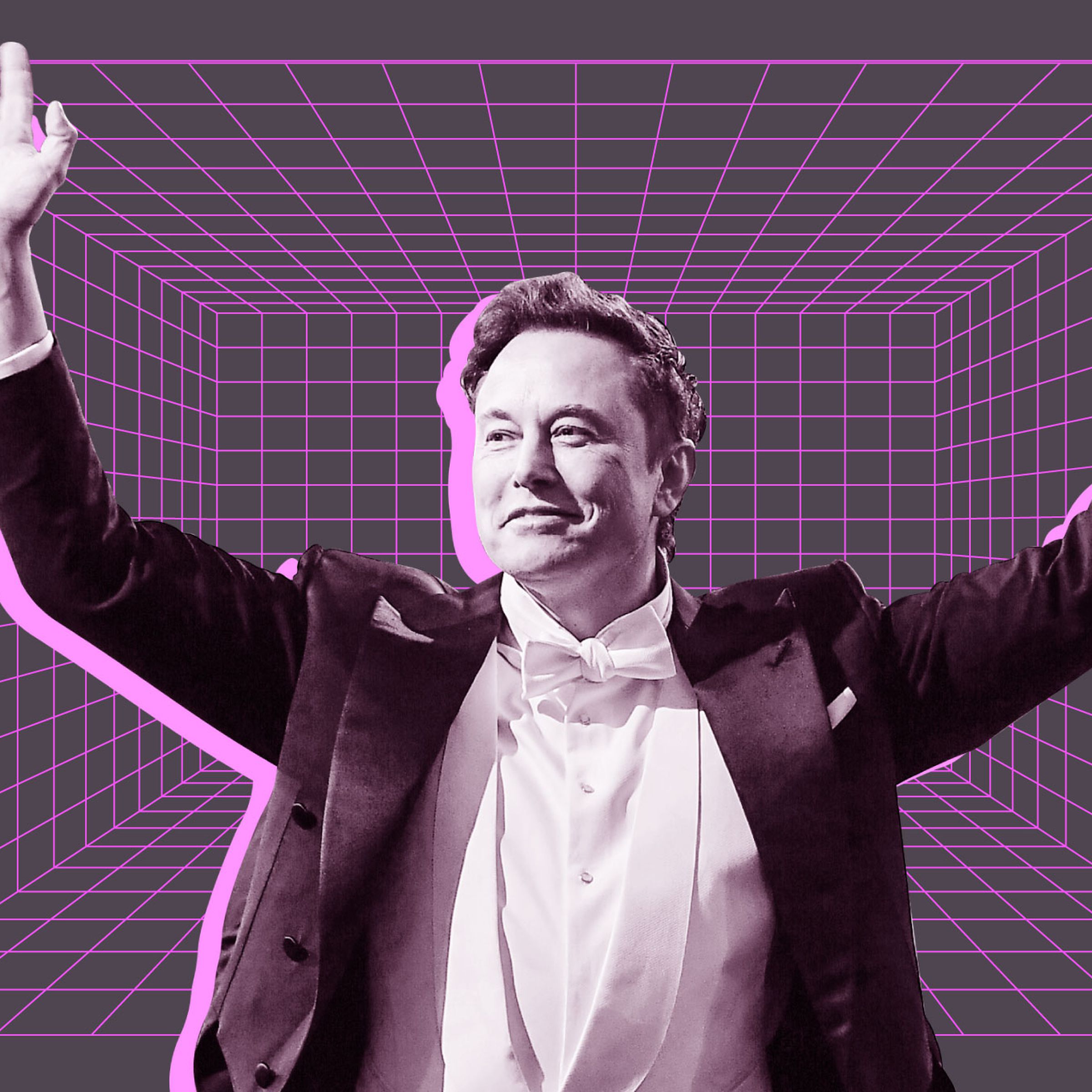 Elon Musk grins in a photo illustration, lifting his arms over his head triumphantly