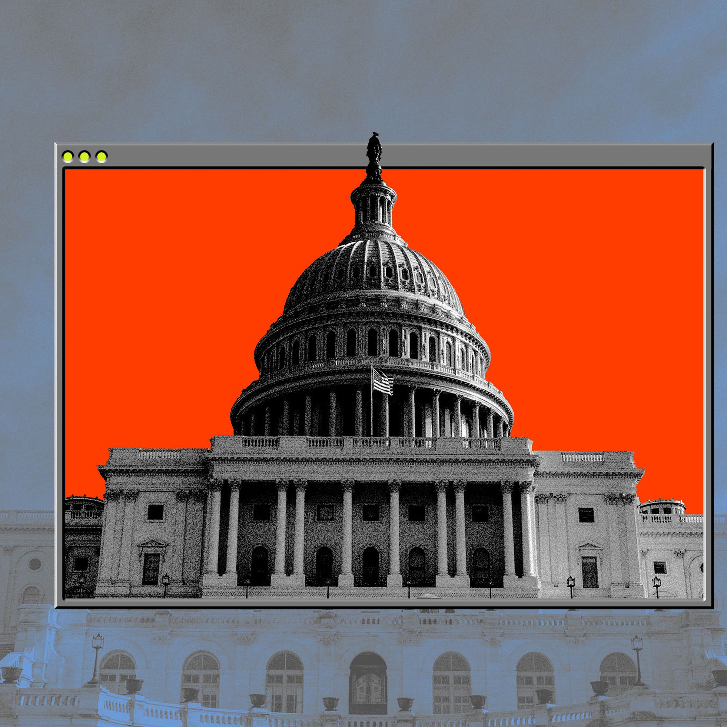 Photo collage of a photo of the US Capitol building coming out of a computer window.