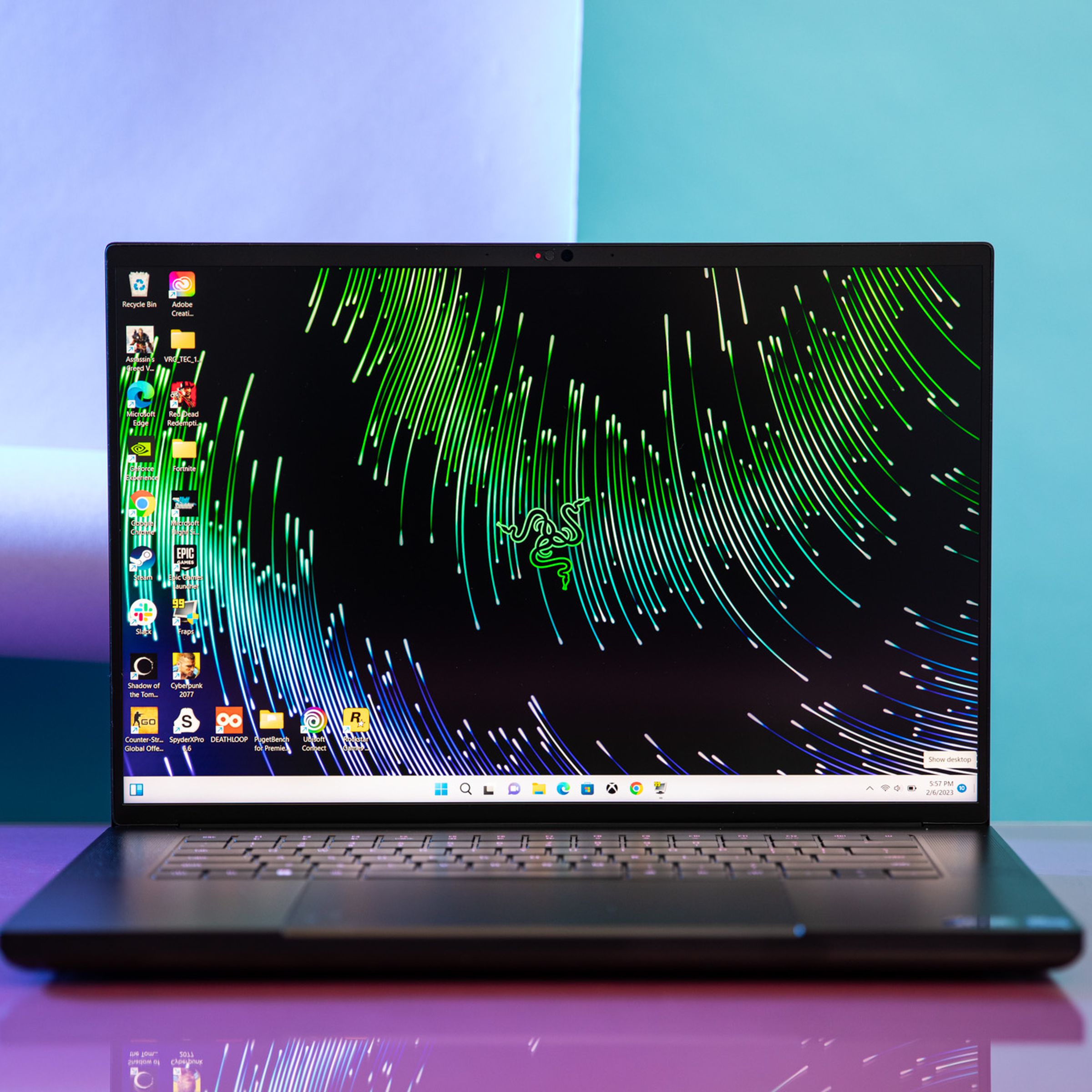 The Razer Blade 16 displaying the desktop.