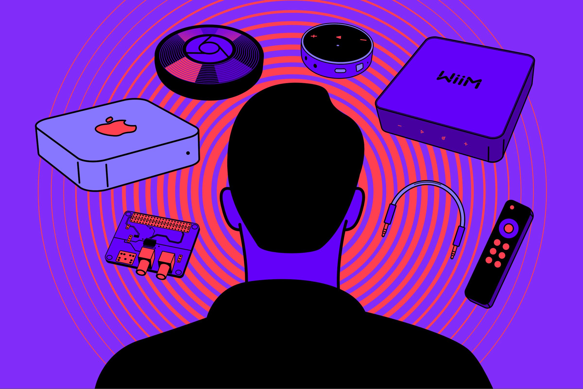 An illustration of many different streaming devices and a person’s head looking at them.