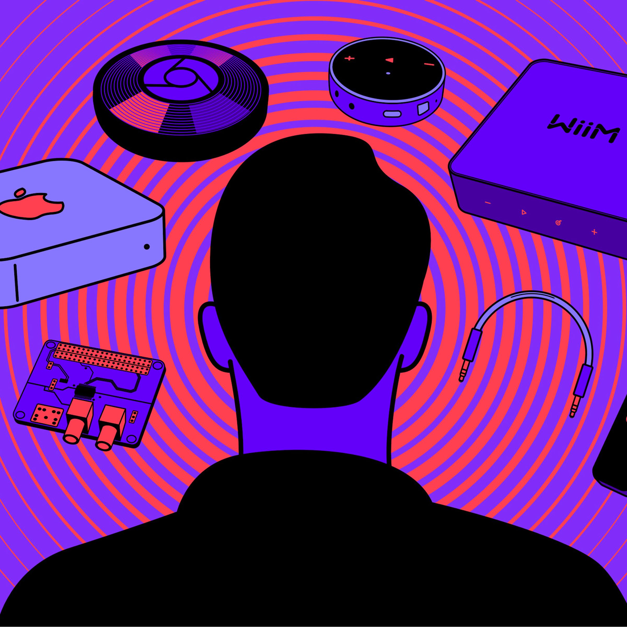 An illustration of many different streaming devices and a person’s head looking at them.
