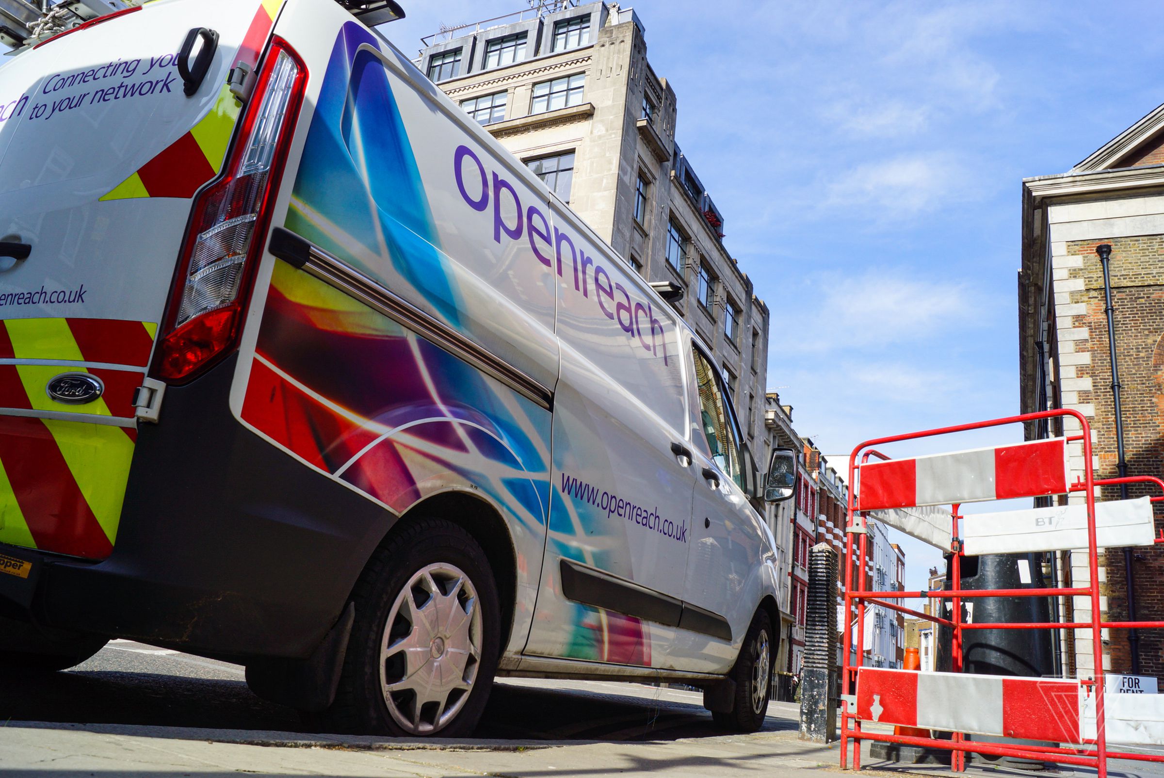 An Openreach van parked in central London. Openreach, a subsidiary of British Telecom, is the biggest company for maintaining the physical infrastructure on behalf of ISP’s who sell the services to users.