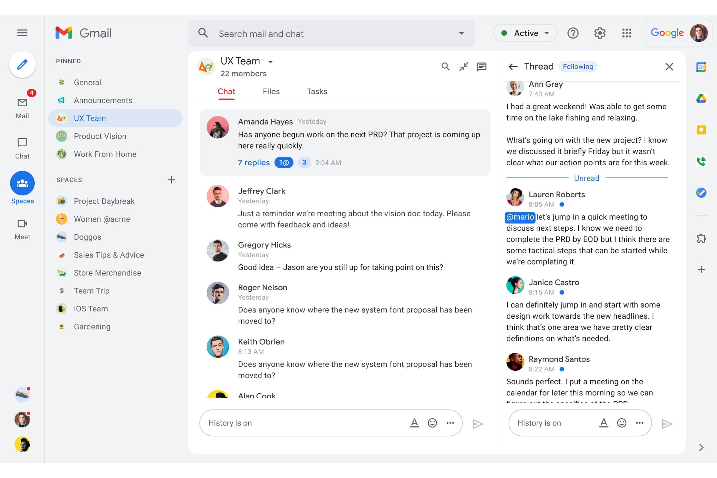 The new Gmail design, with Google Spaces