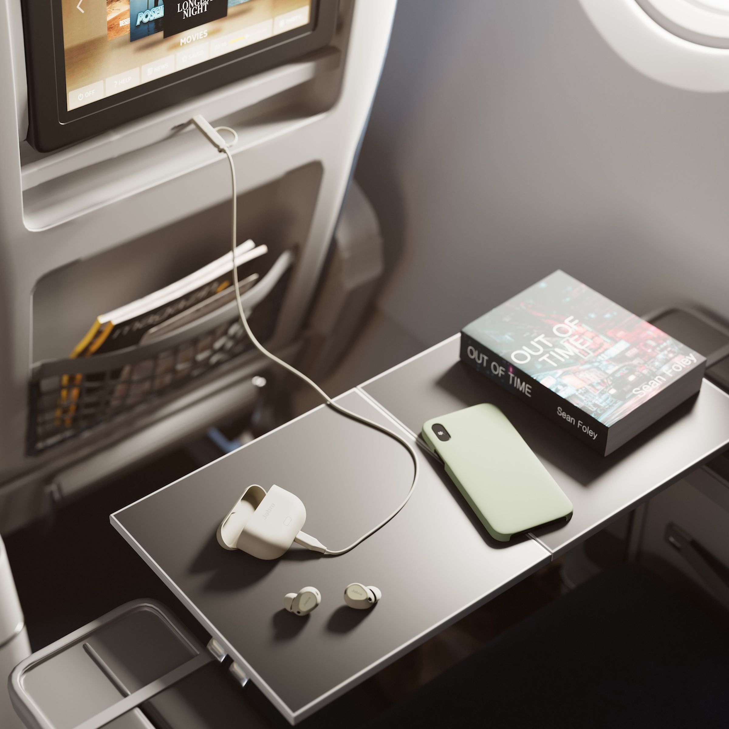 An image of the Jabra Elite 10 Gen 2 connected to an airplane’s in-flight entertainment system.