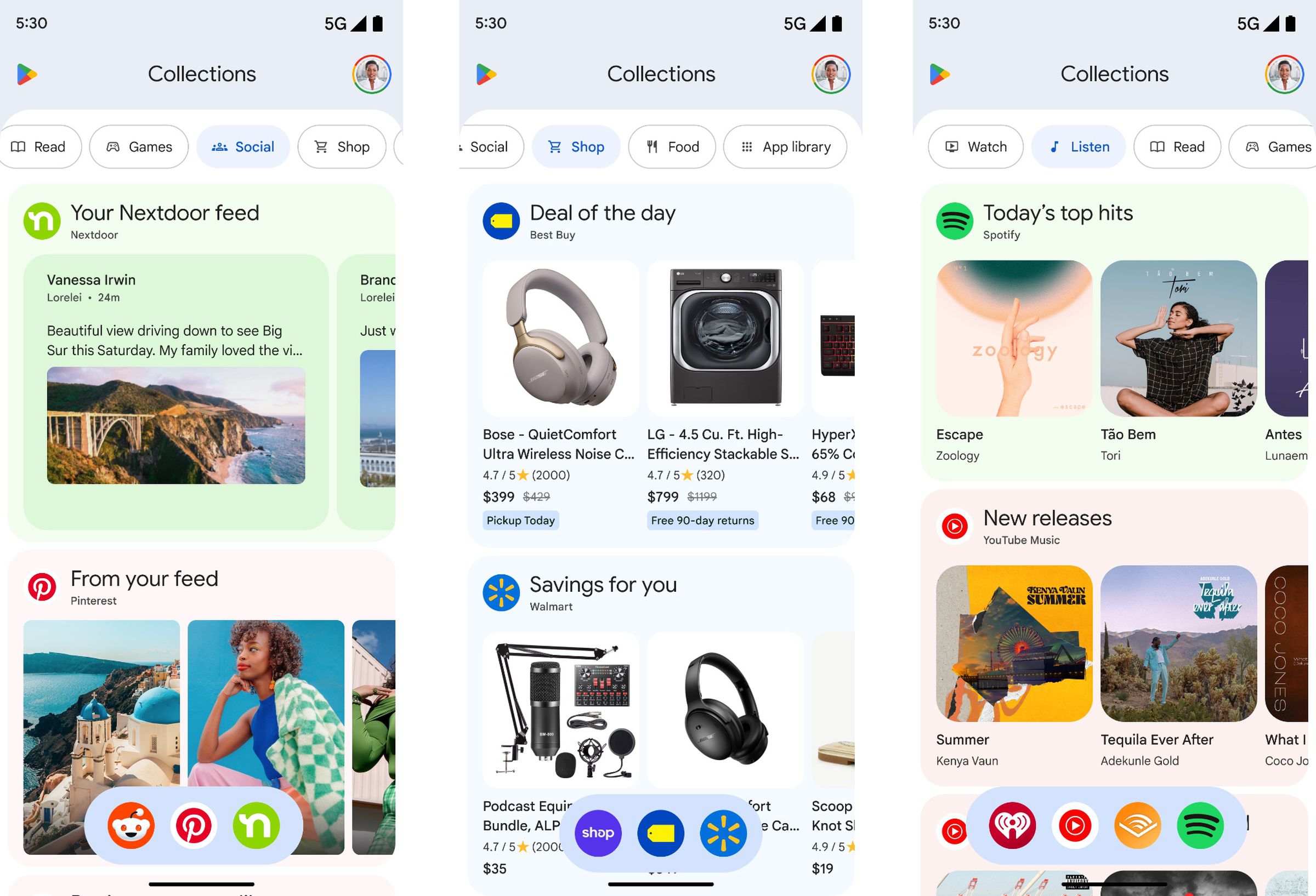 Screenshots of the new Collections section of Google Play.