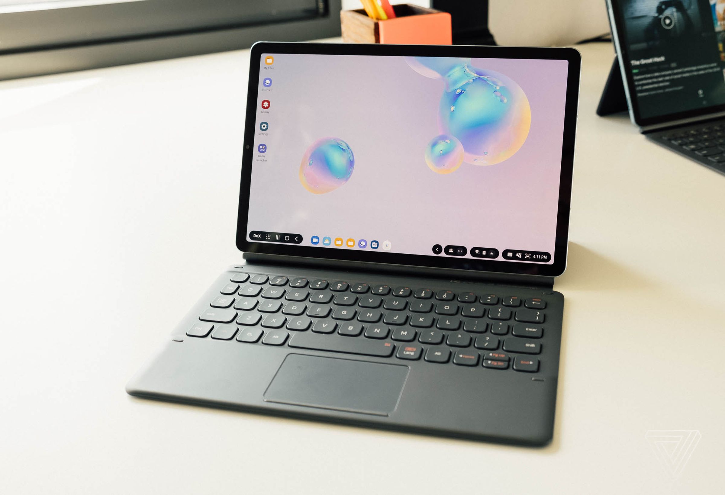 The Samsung Galaxy Tab S6 with its optional keyboard attached.