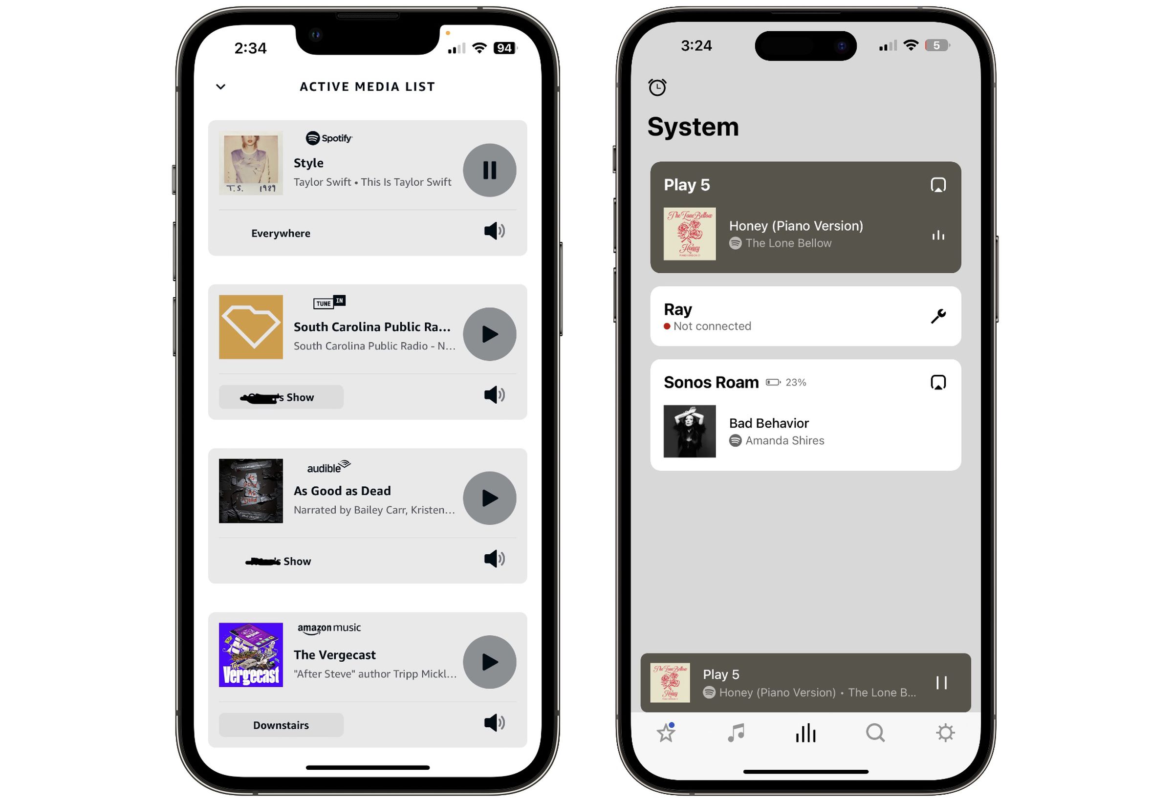 Screenshots comparing the Active Media List in Amazon’s Alexa app and the System screen of the Sonos app.