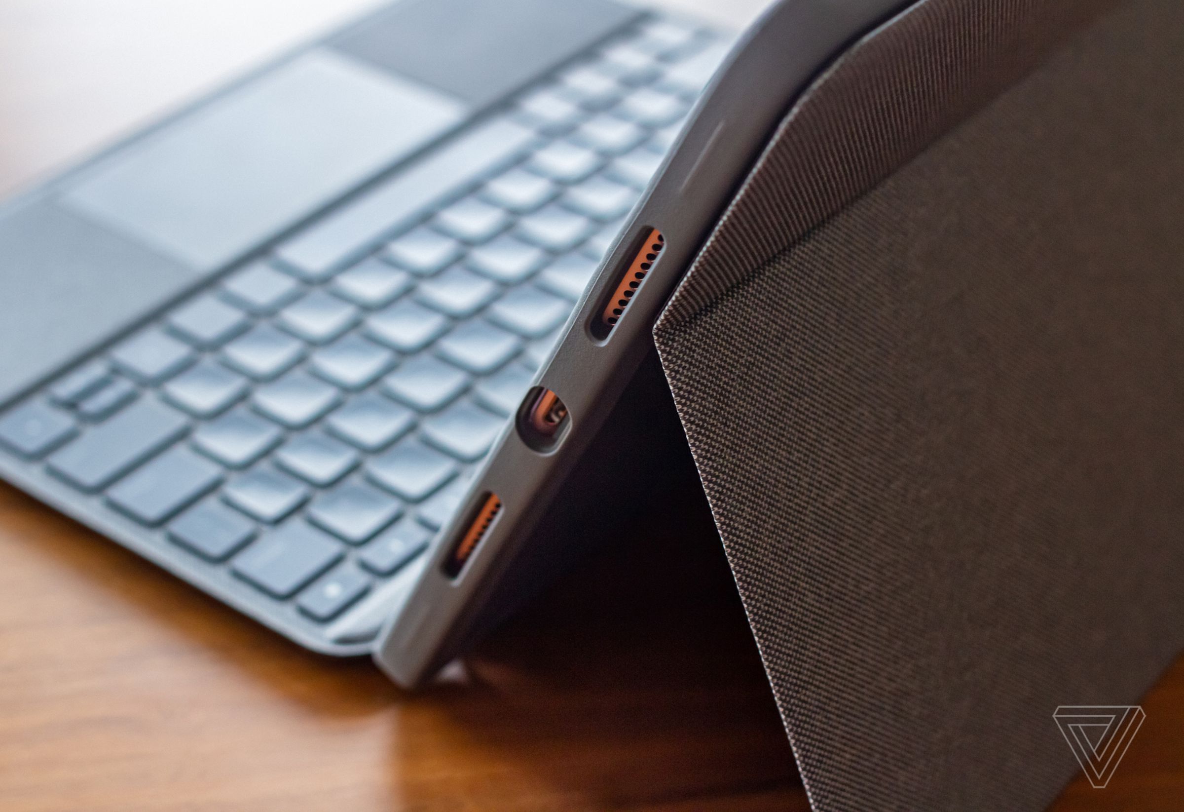 The Combo Touch case has cutouts for the iPad’s speakers and charging port.