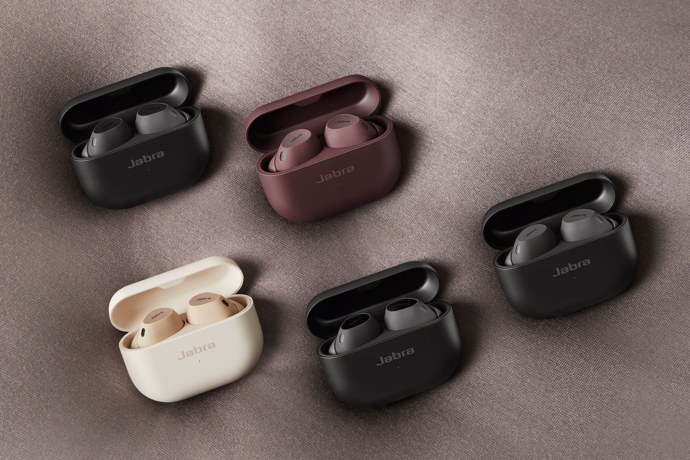 A marketing image showing the different colors of Jabra’s Elite 10 earbuds.