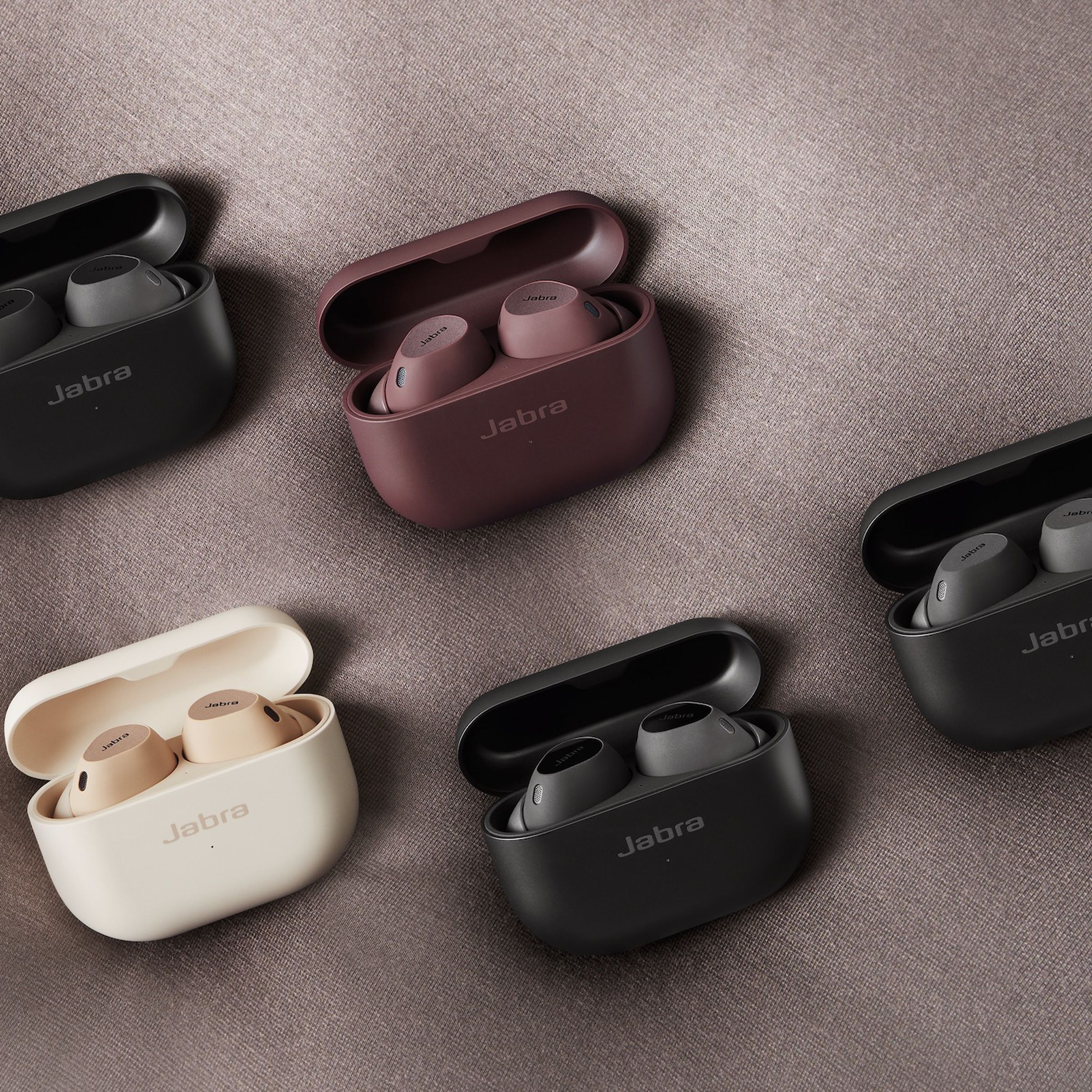 A marketing image showing the different colors of Jabra’s Elite 10 earbuds.