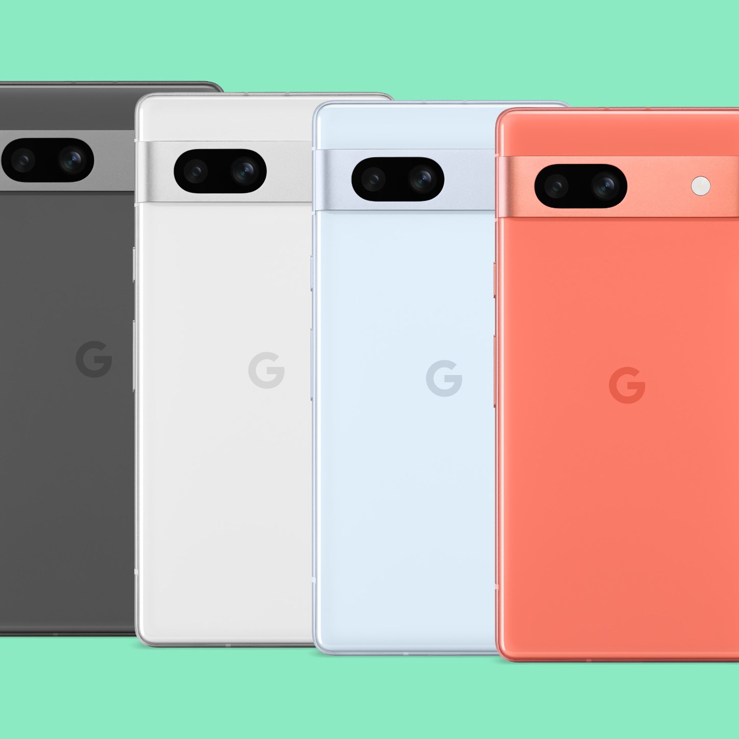 A marketing image of the four colors of Google’s Pixel 7A.