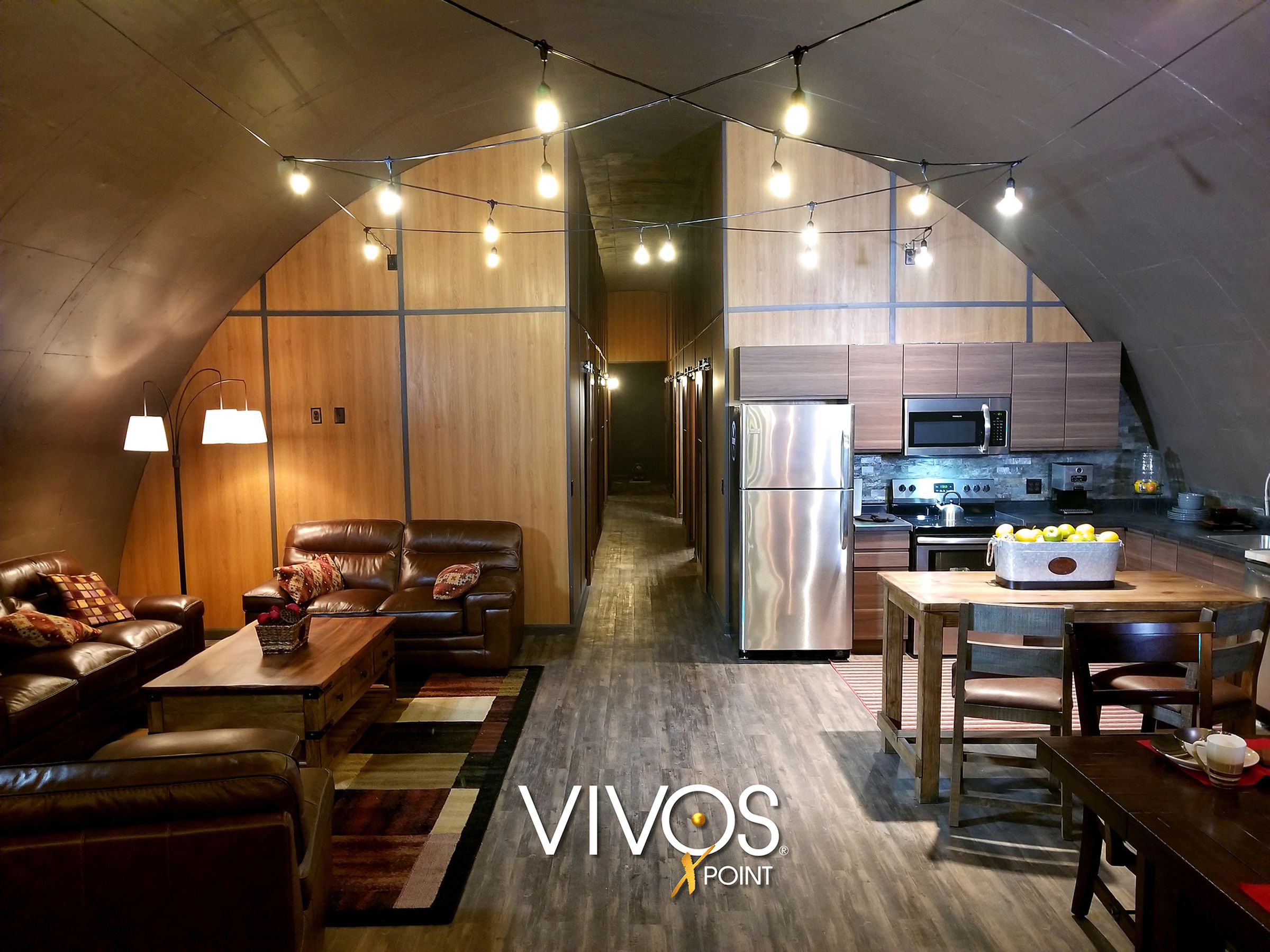 A promotional photo of a kitchen and dining area in one of the bunkers at xPoint.