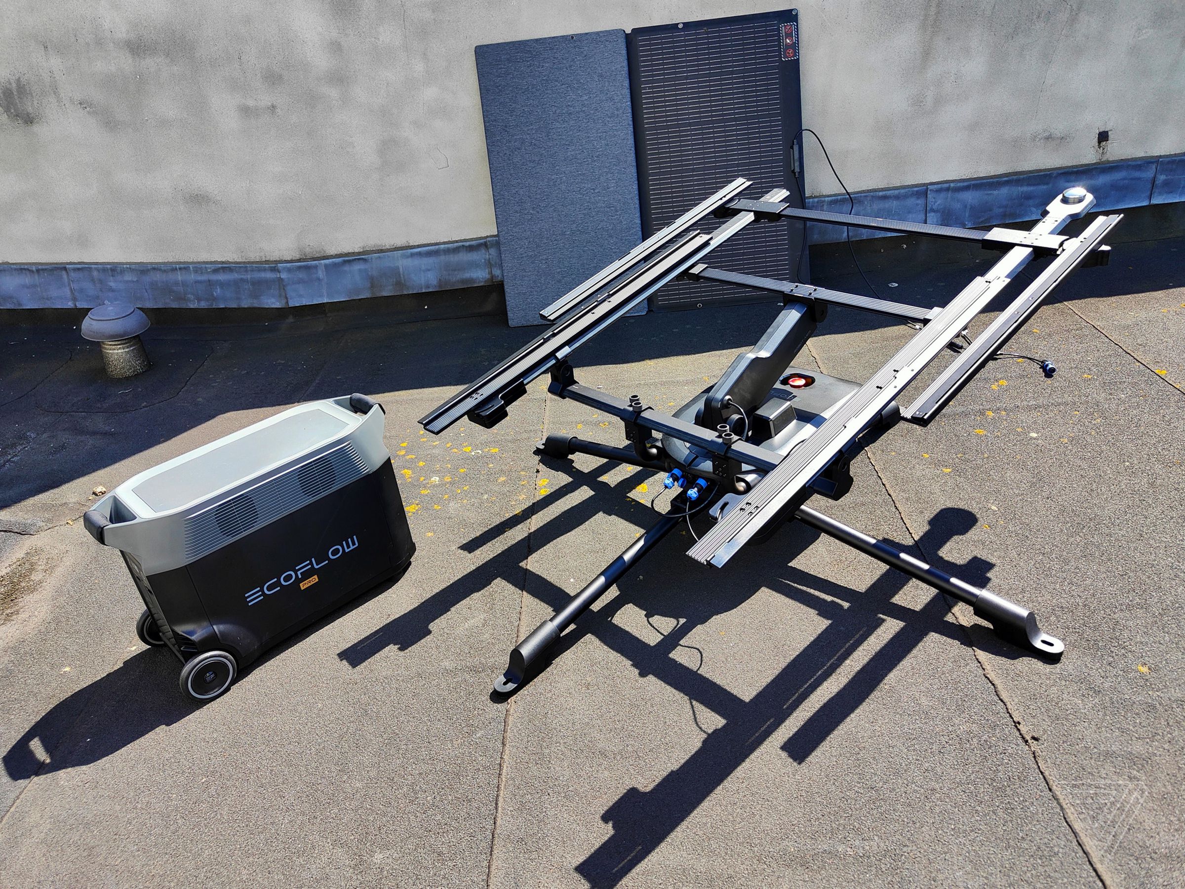<em>My test setup consisted of the Ecoflow battery, tracker, and folding solar panel.</em>