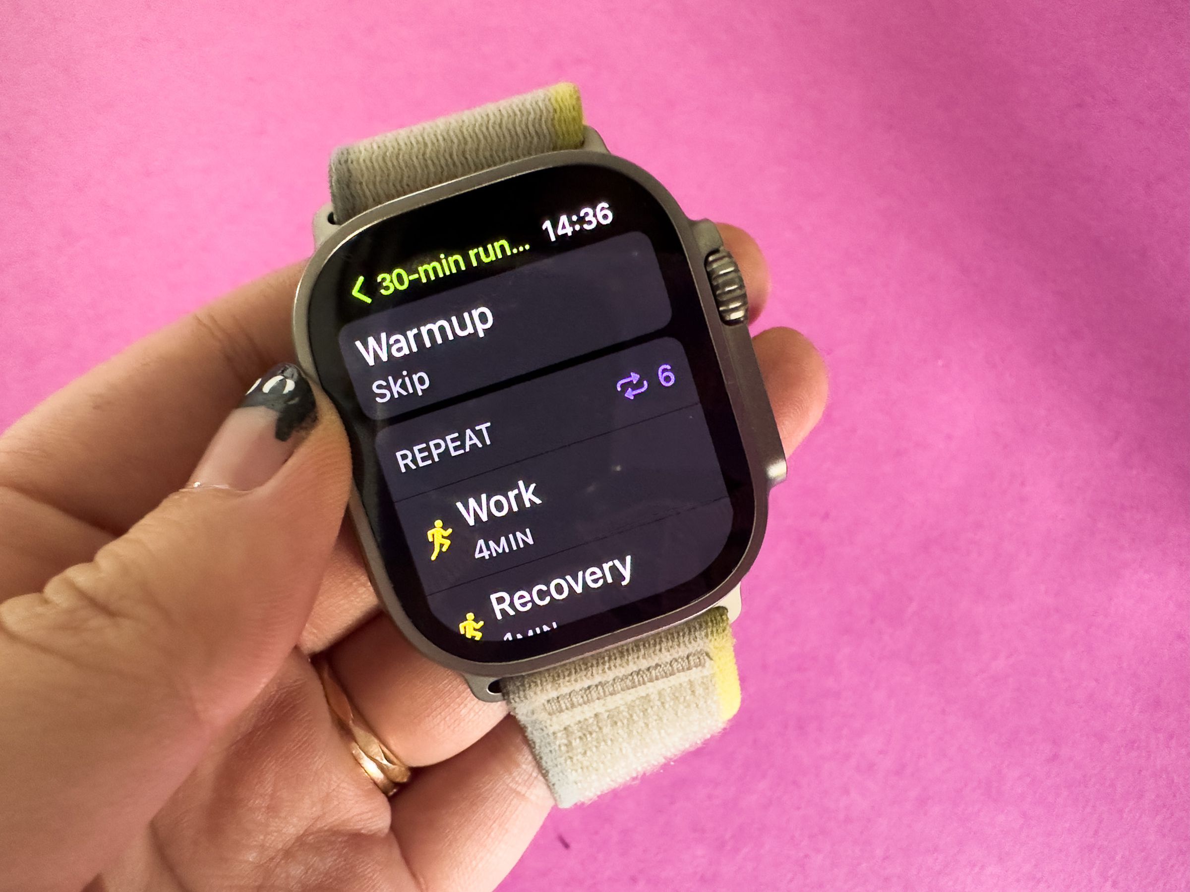 Custom Interval workout screen on an Apple Watch Ultra