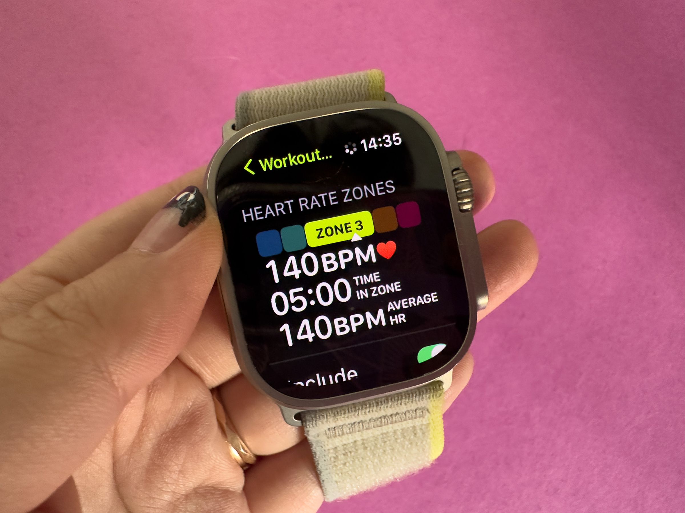 The Heart Rate Zones workout view on an Apple Watch Ultra