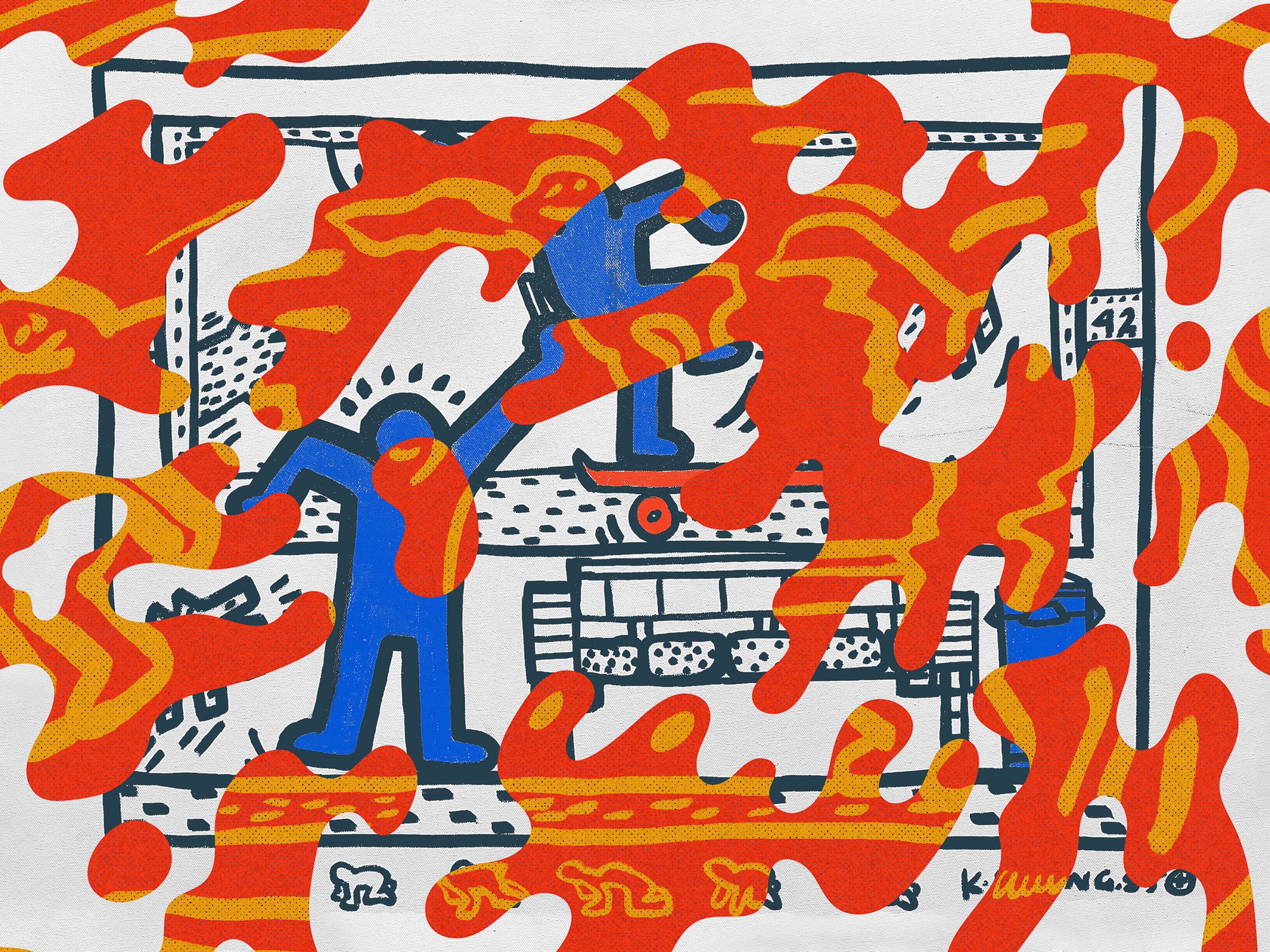Keith Haring'in "Kaykaycılar"ın her biri farklı bir sanat tarzında iki görüntüsü.