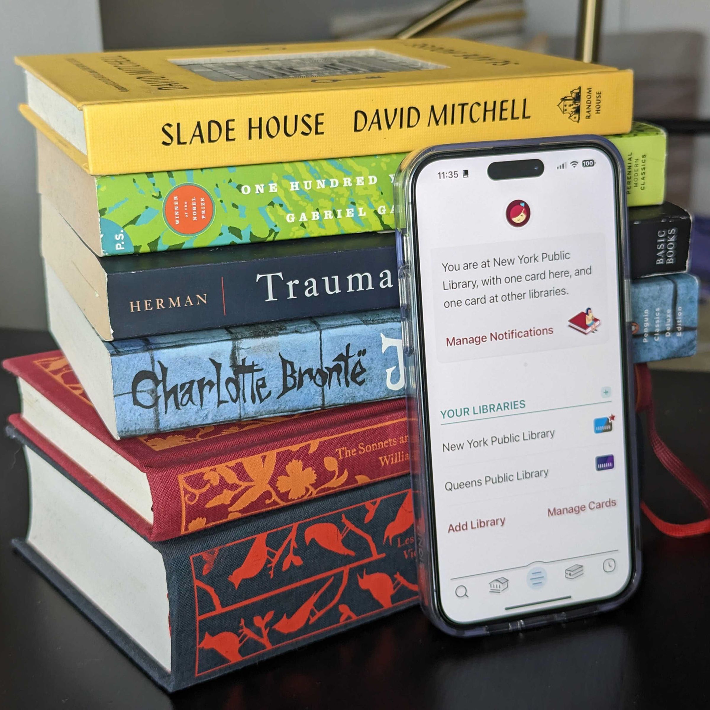 Libby app on the iPhone 14 Pro Max next to a stack of books