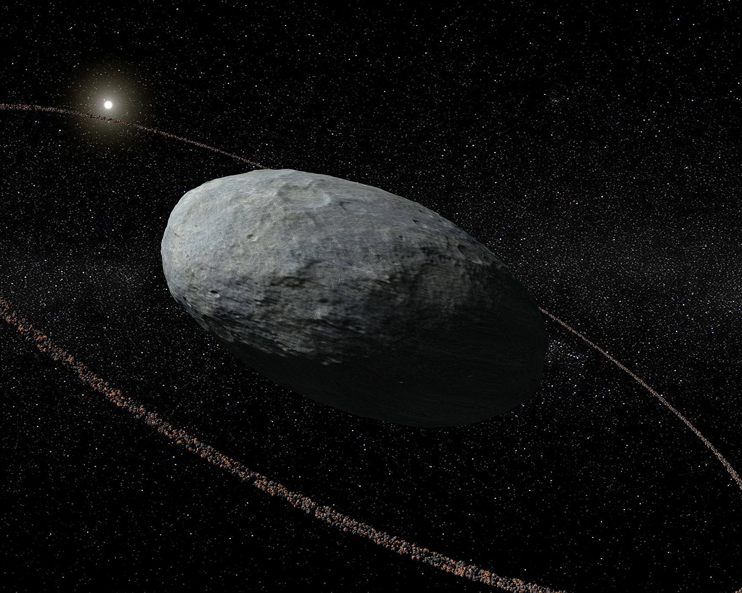 An artistic rendering of Haumea and its rings