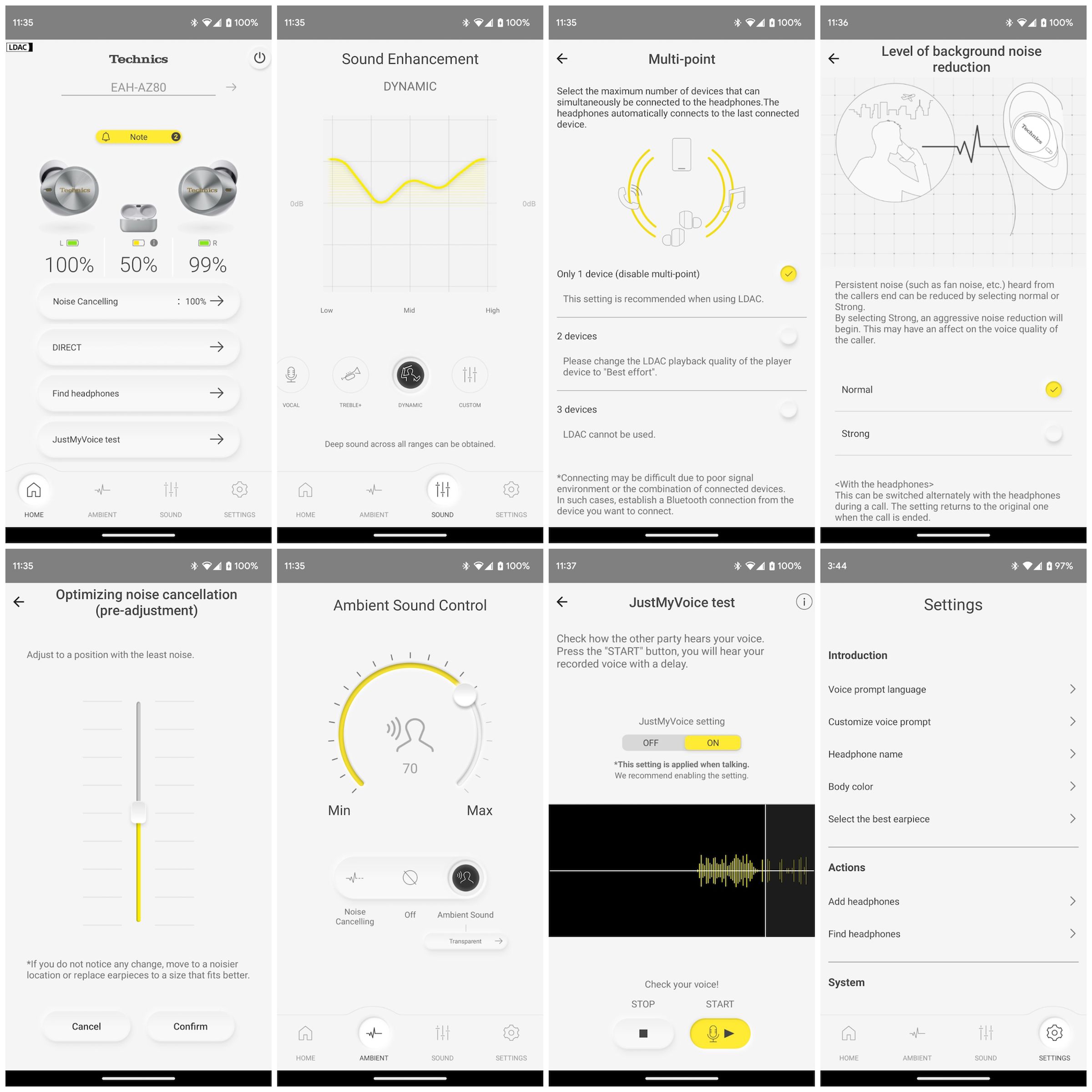 Screenshots of the Technics Audio Connect app for Android.