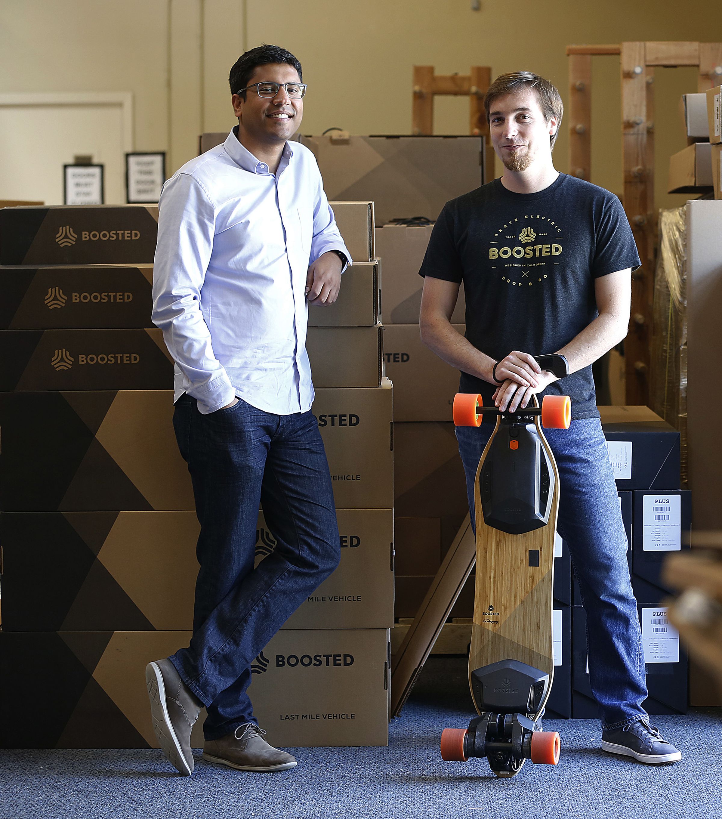 CEO Sanjay Dastoor (left) and CTO John Ulmen (right) Boosted Board, a battery powered skate board on Wednesday, June 14th, 2017, in San Francisco, California.
