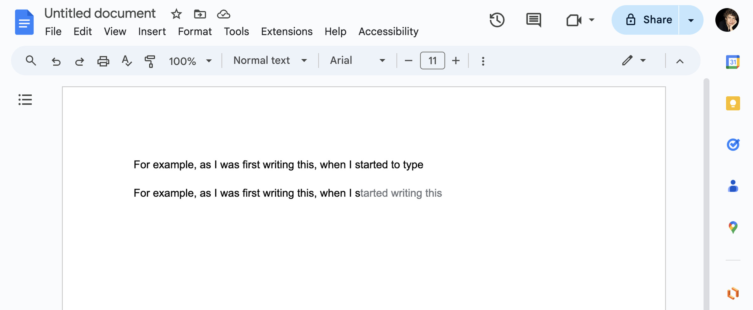 A Google Doc with two sentences, the first “For example, as I first writing this, when I started to type” the second “For example, as I was first writing this, when I started writing this.”