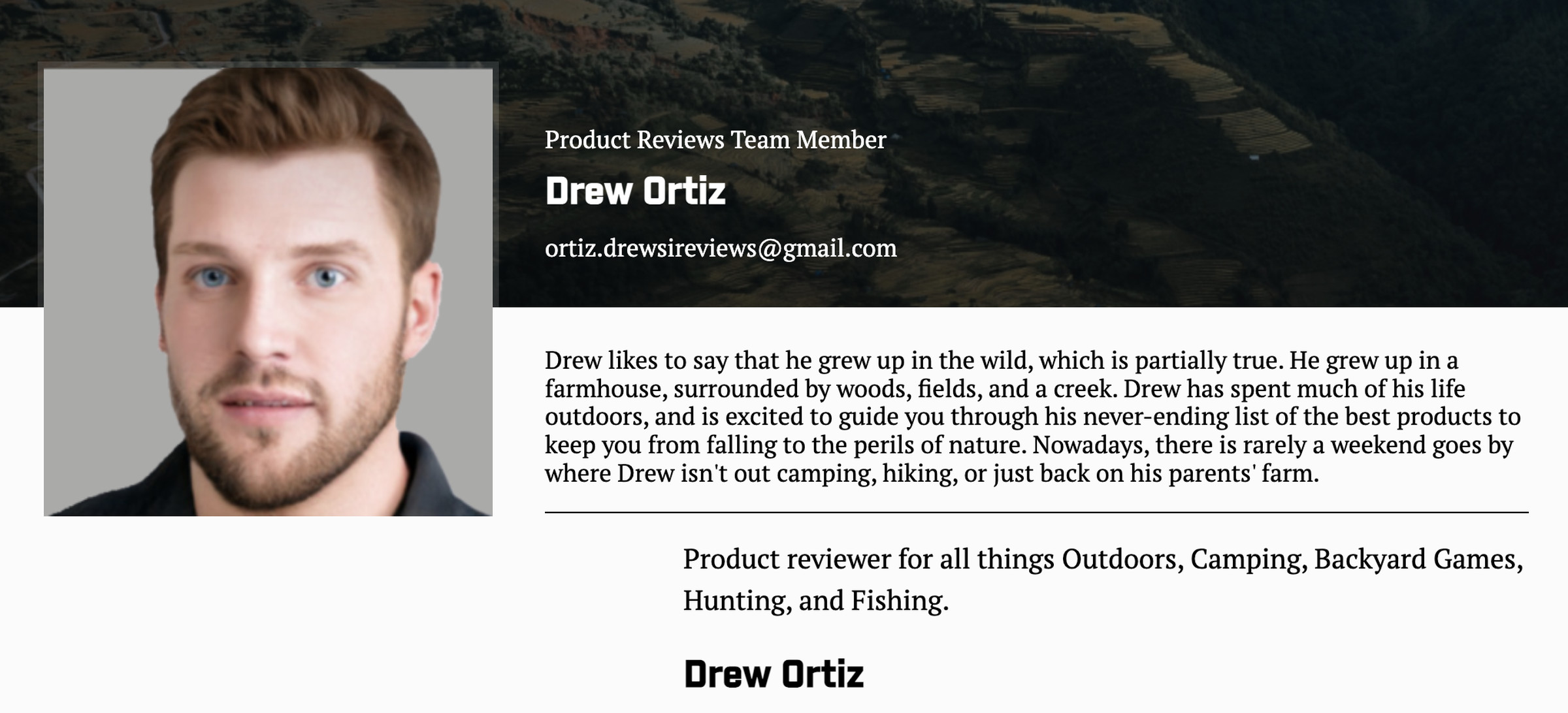 An author page for “Drew Ortiz” with a detailed bio and headshot.