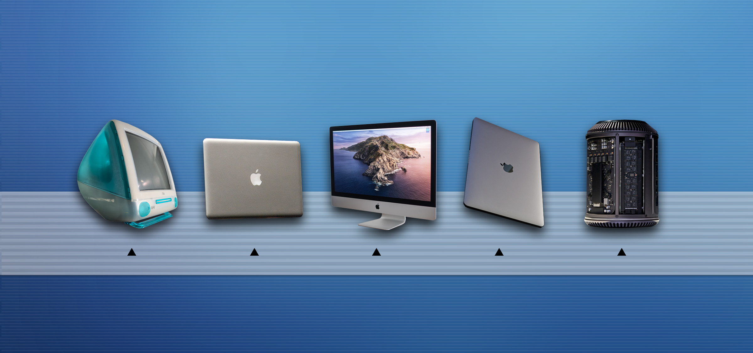 Five Macs sit on a graphic that looks like the Dock from macOS. 