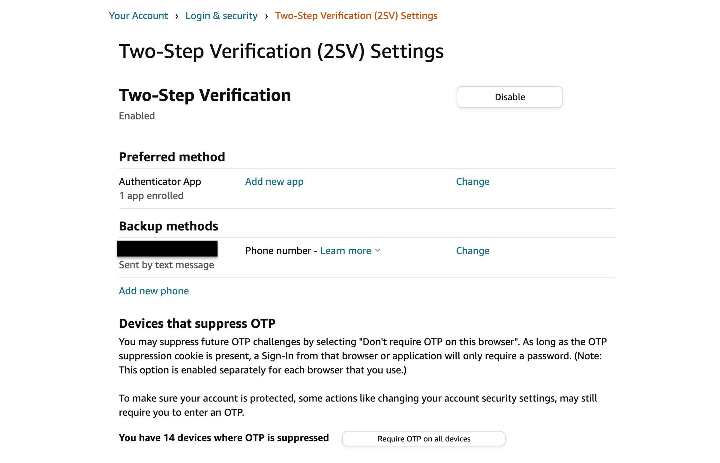tech news Amazon page labeled Two-Step Verification (2FA) Settings; underneath it reads Two-Step Verification and listed Preferred Method and Backup Method.