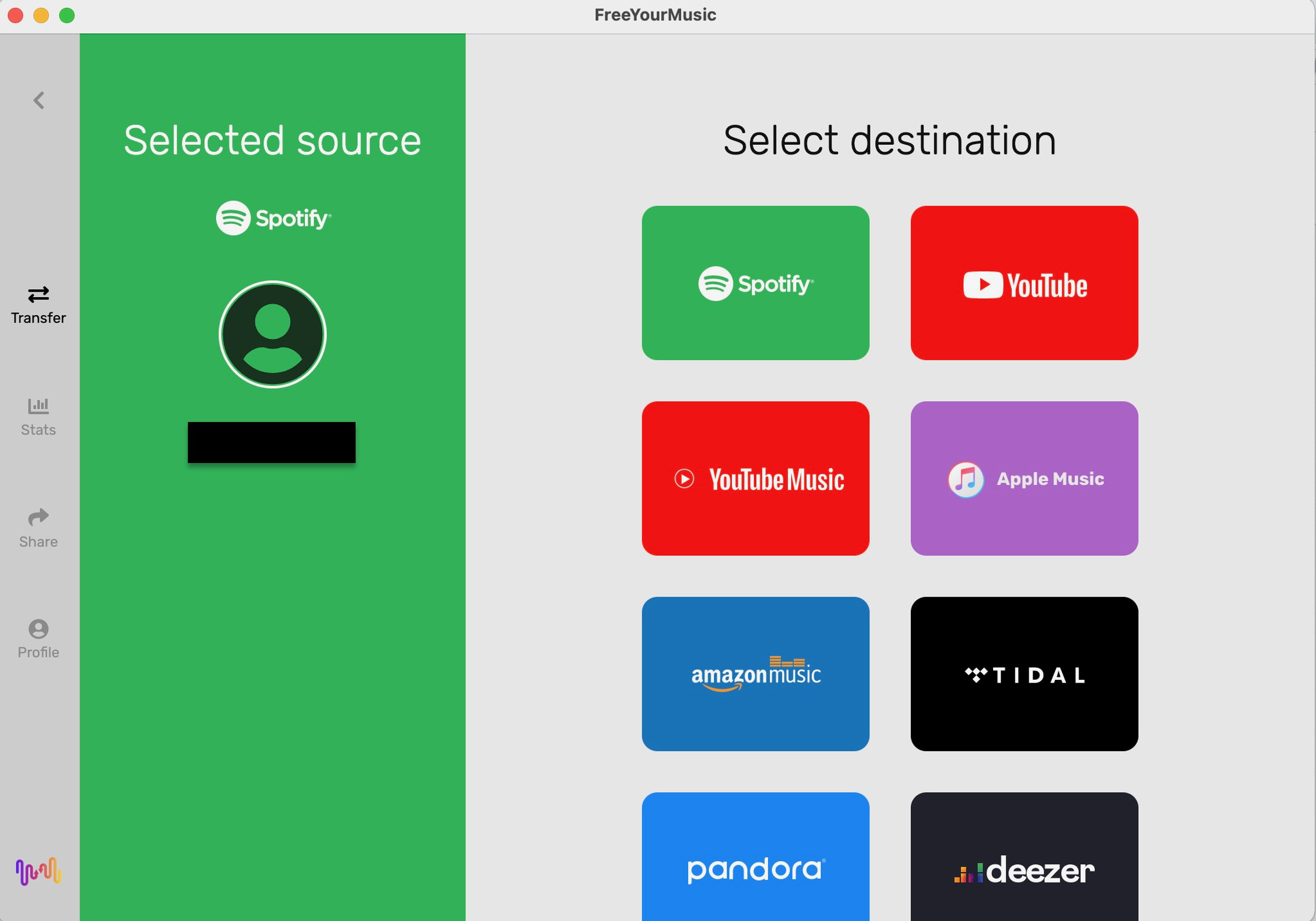 The source is now listed on the left while you choose your destination.