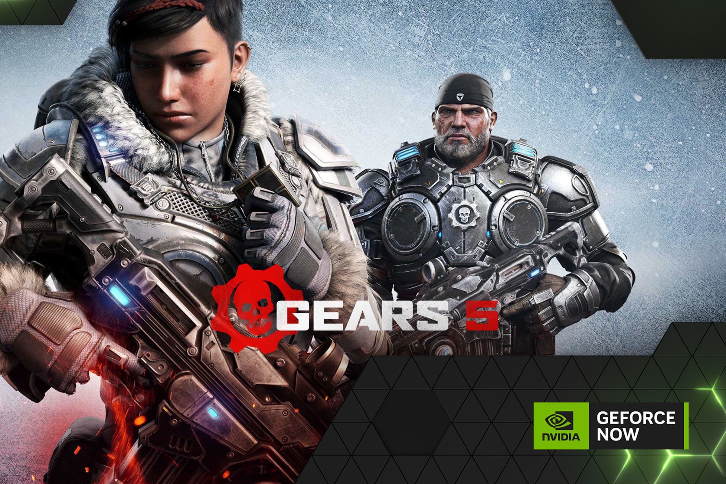 Illustration of Gears 5 and the GeForce Now logo