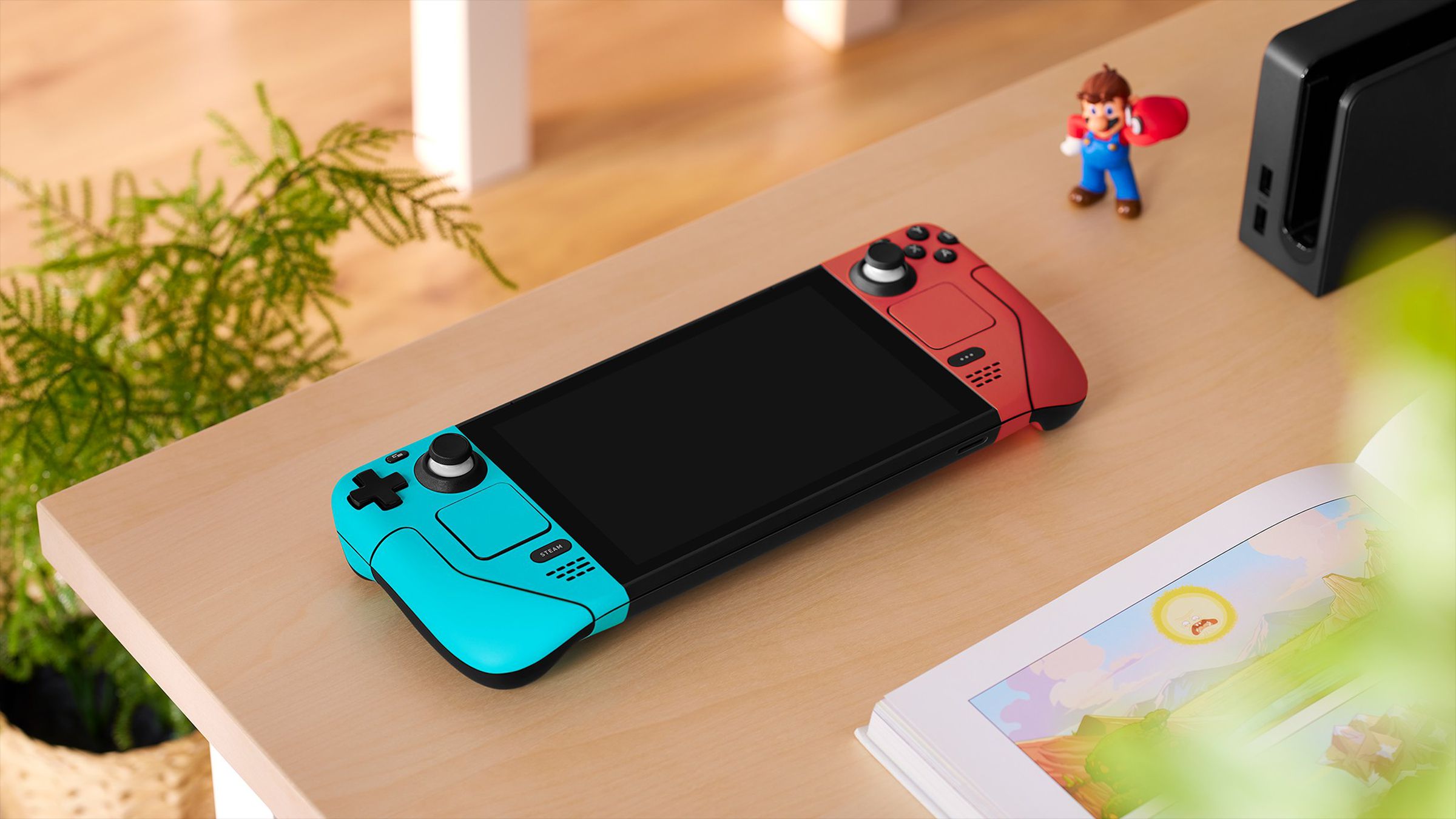 Les boutons rouges et bleus rappellent Portal … ou une configuration particulière de Nintendo Switch.