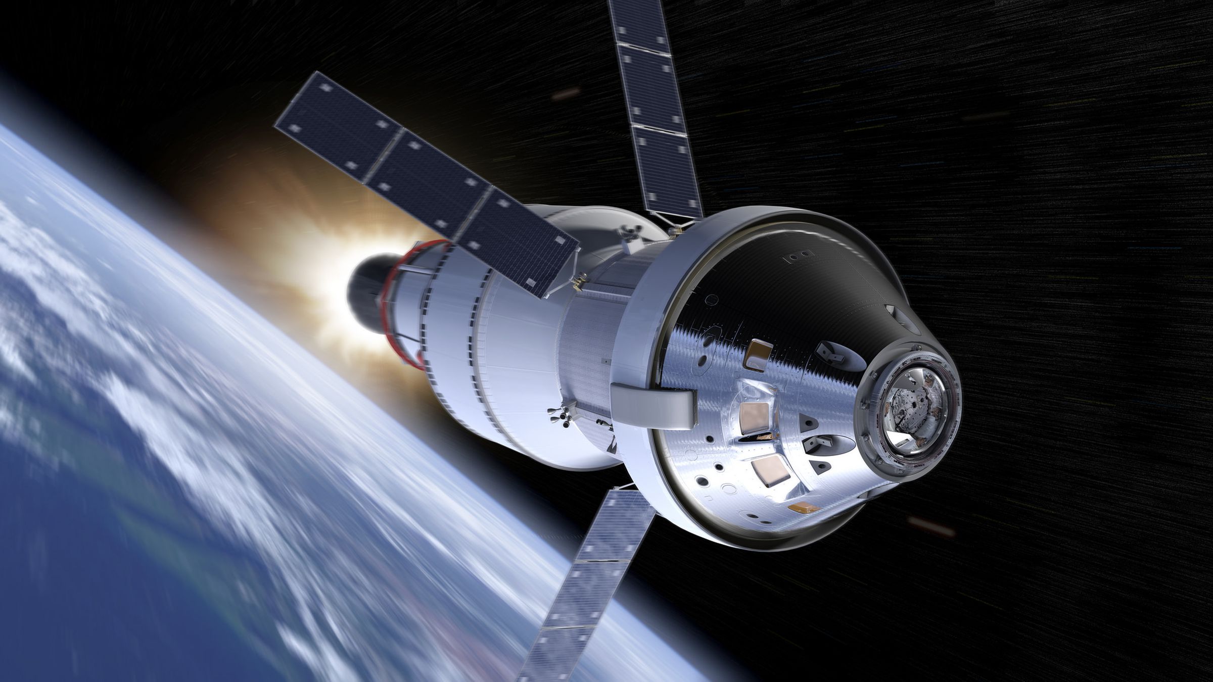 A rendering of NASA’s Orion capsule, on EM-1.