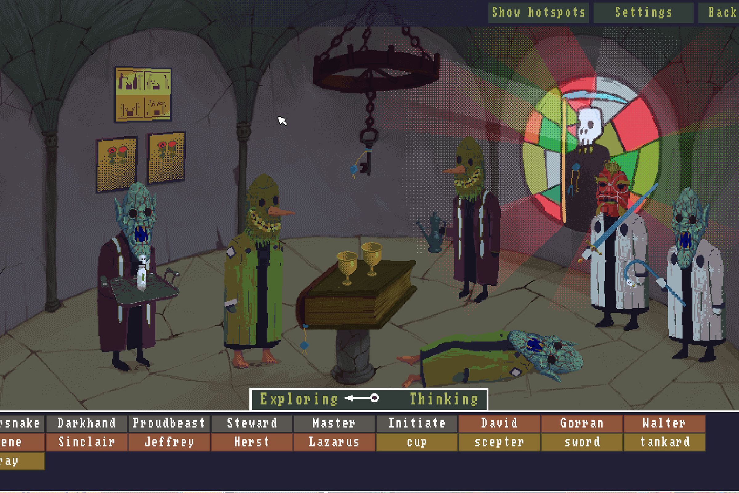 A screenshot from The Case of the Golden Idol, showing some people in strange masks.