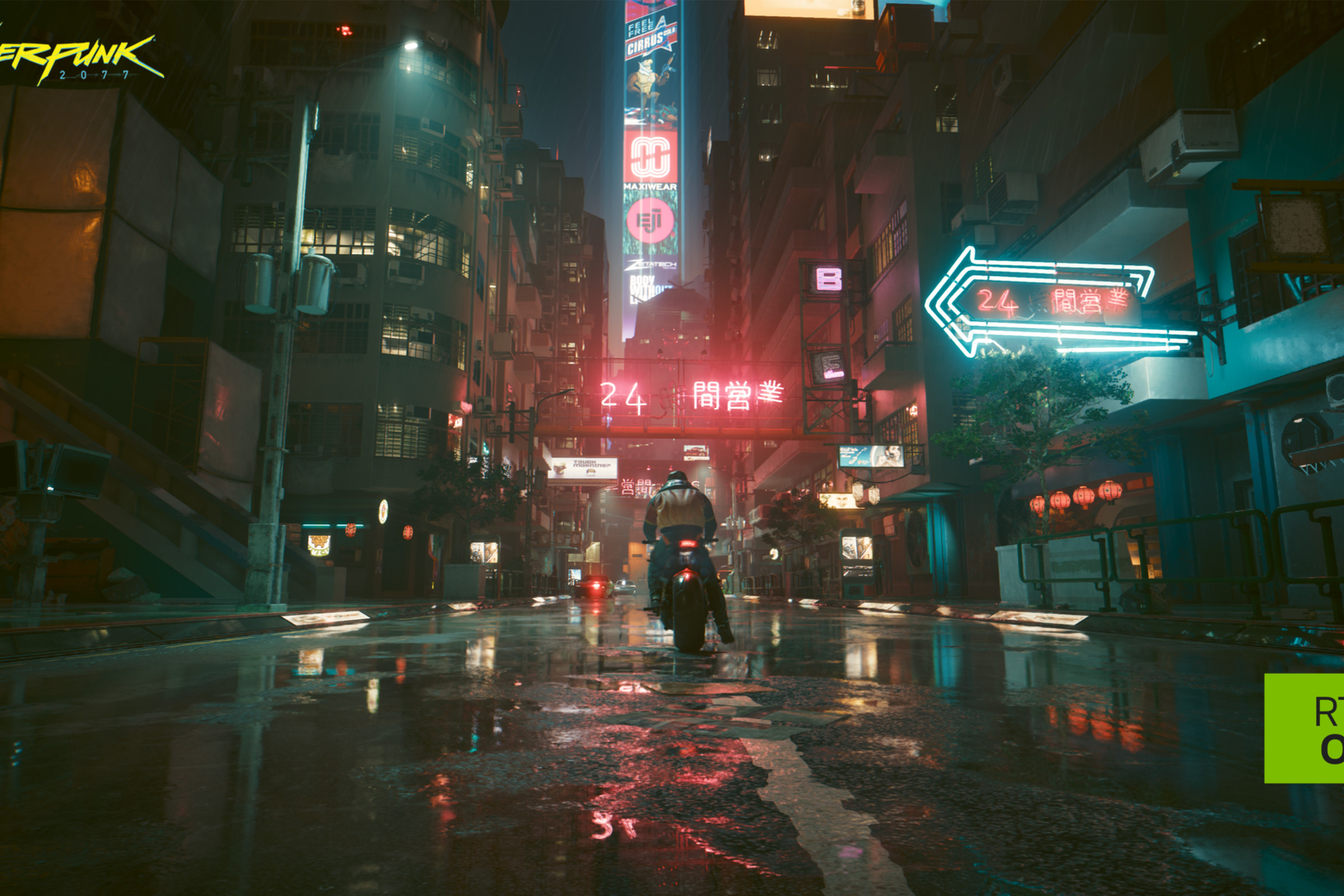 A scene in Cyberpunk 2077 with ray tracing enabled