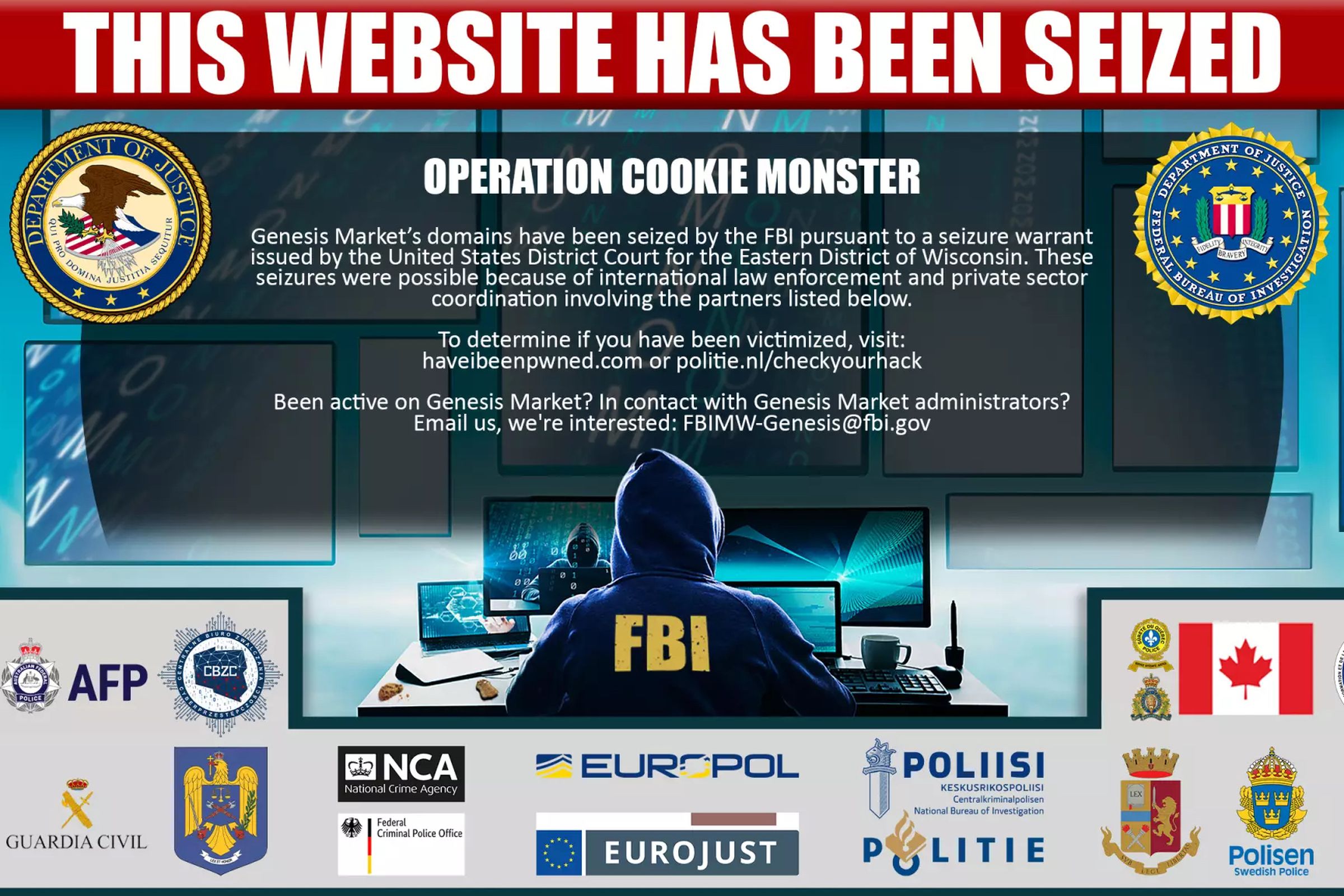 Screenshot of the Genesis Market site, with a banner saying that it’s been seized and the logos of several law enforcement agencies.