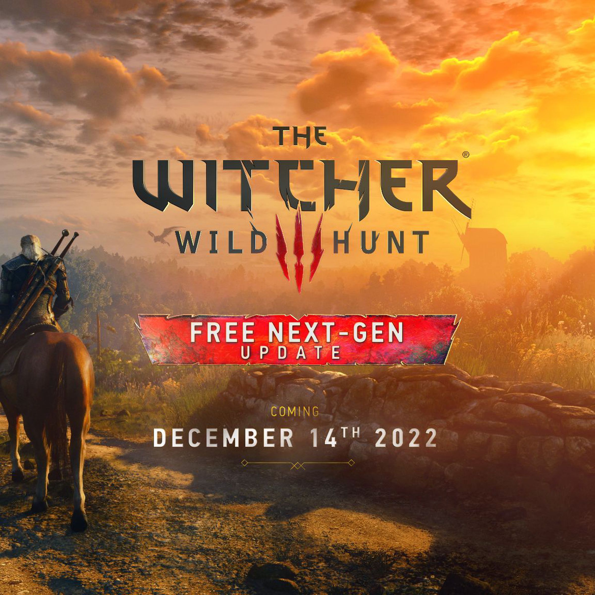The Witcher 3 next-gen release date is December 14th, 2022. This image shows the release date, along with a screenshot of Geralt riding on Roach the horse during a scenic sunset.
