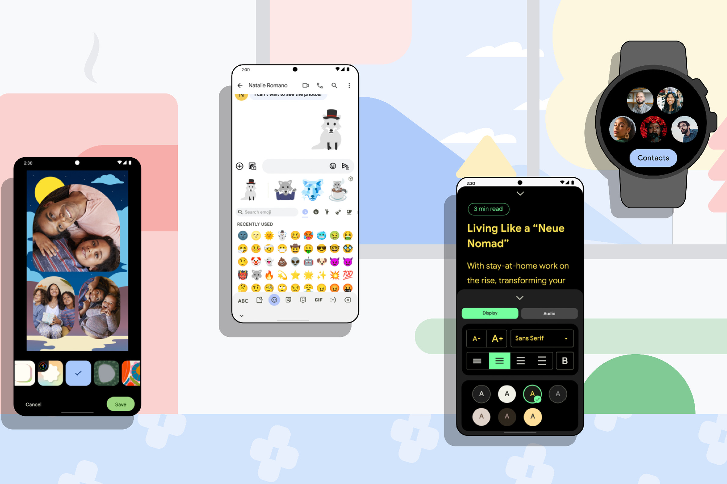 Three mobile devices and a smart watch displaying new Android features against an abstract backdrop.