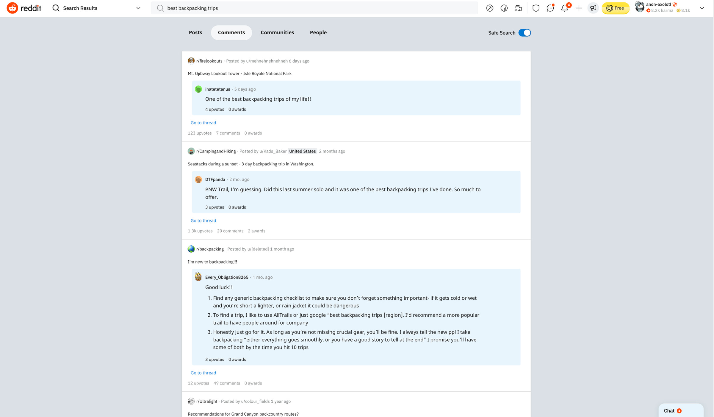 a reddit page searching comments with the keywords best backpacking trips 
