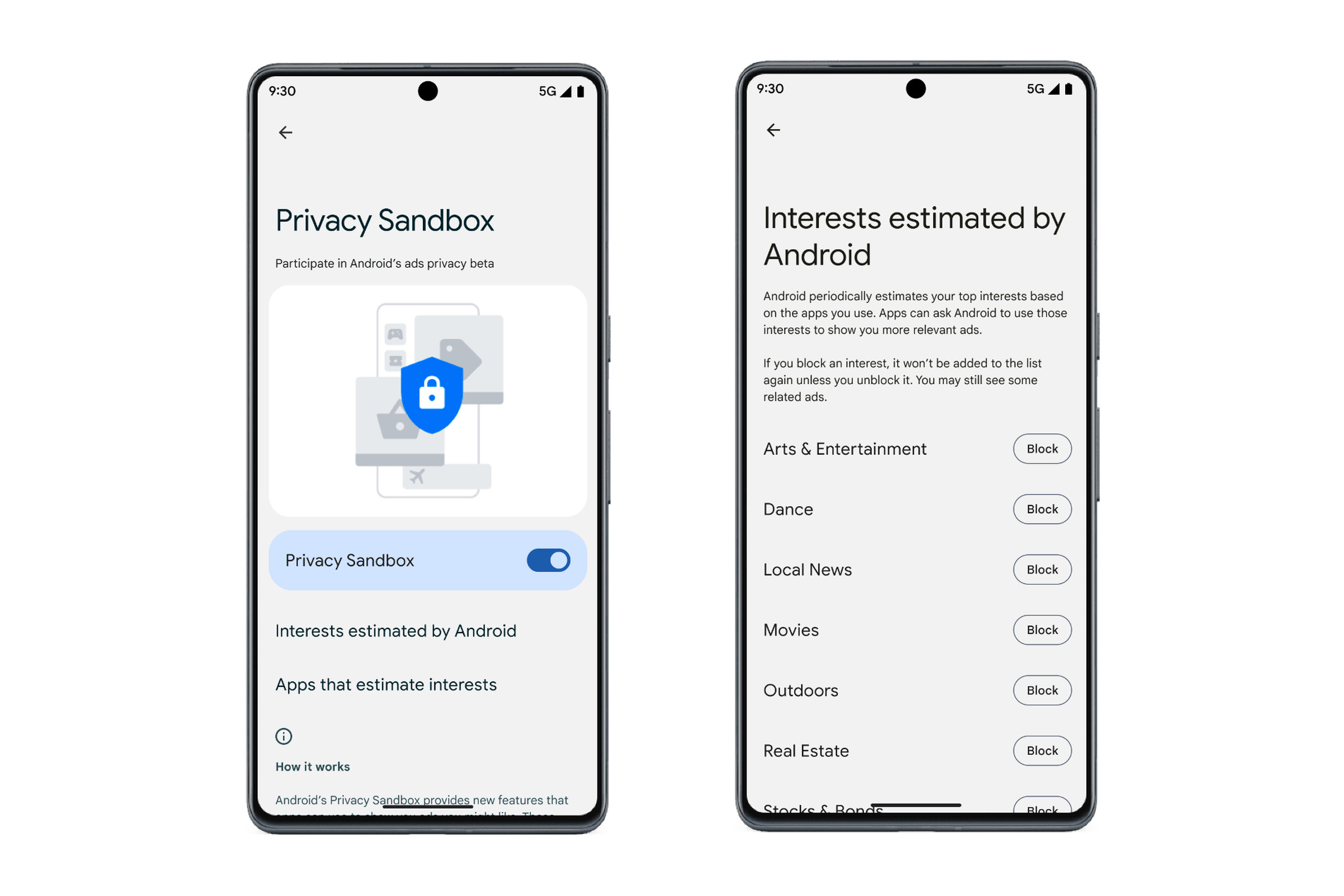 Two mobile devices displaying the Privacy Sandbox on Android beta. The mobile on the left shows the settings page, while the right-hand device shows the listed interests you’ll find.