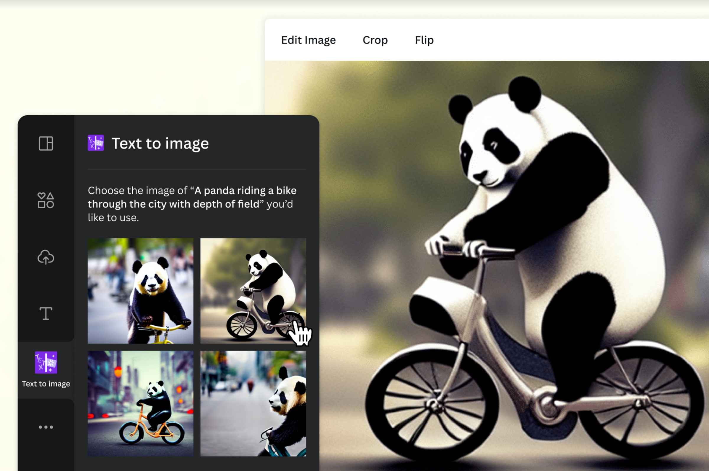 A picture of a text-to-image tool generating four images of a panda riding a bike. 