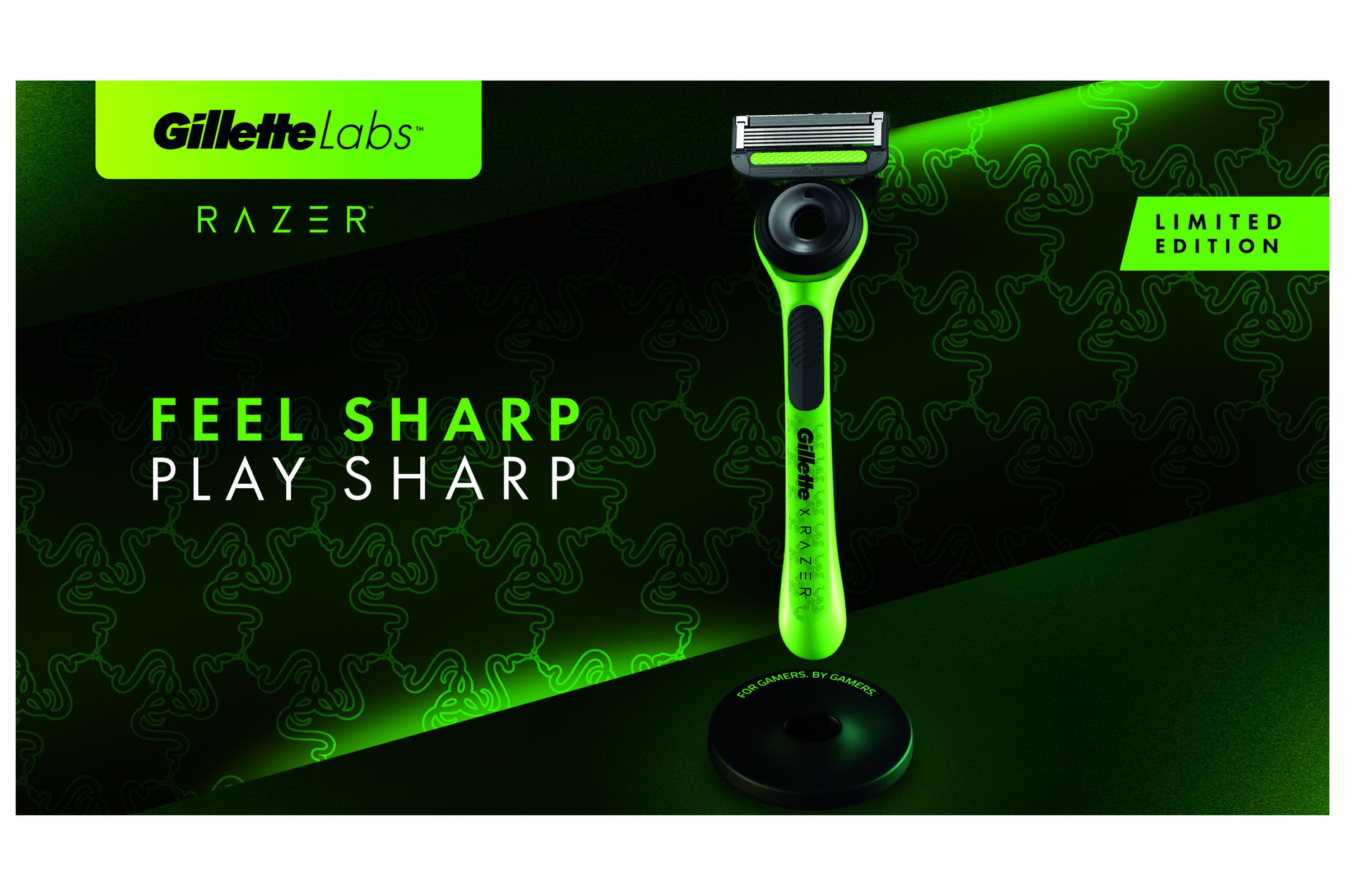 Press shot of GilletteLabs x Razer razor. The razor handle itself is Razer green, the magnetic stand is black, and the promo image has lots of black and green on it. It reads “Feel sharp / play sharp,” and has the words “limited edition” and the Razer and GilletteLabs logos.
