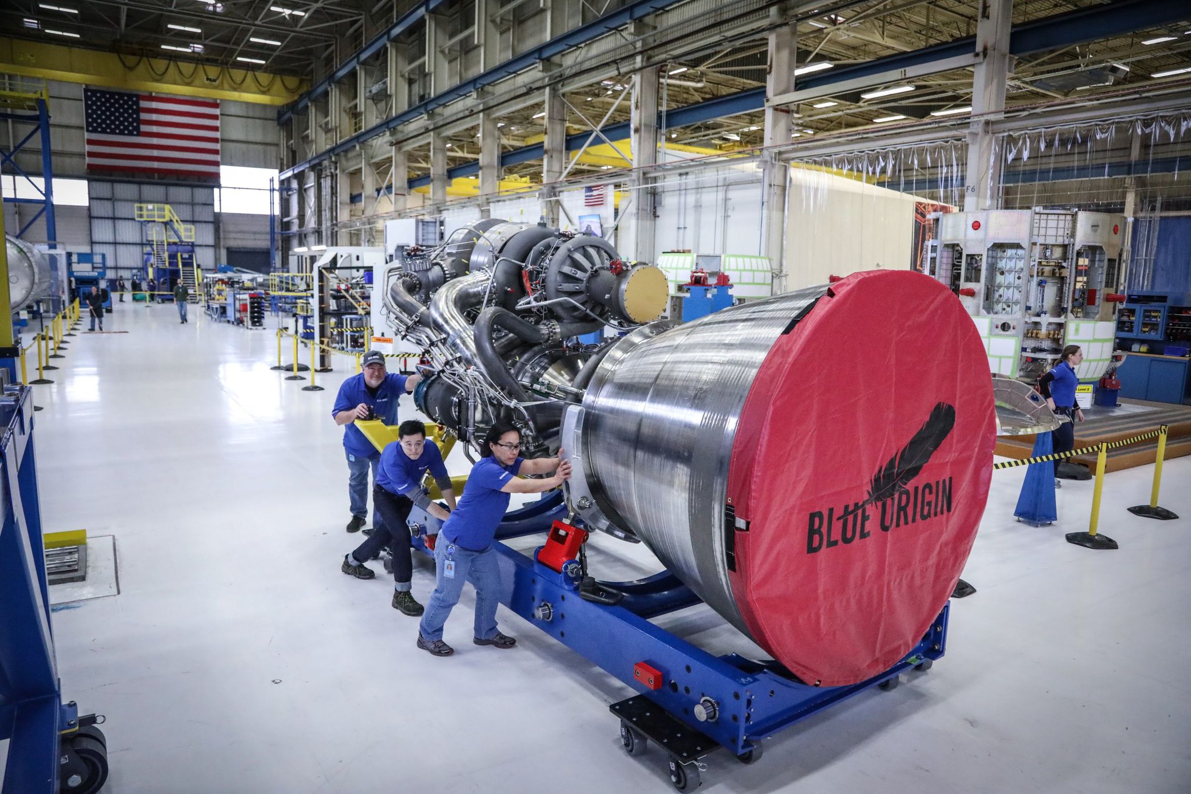 A Blue Origin BE-4 rocket engine. As many as seven of these engines is expected to propel the company’s New Glenn vehicle into Earth’s orbit. 
