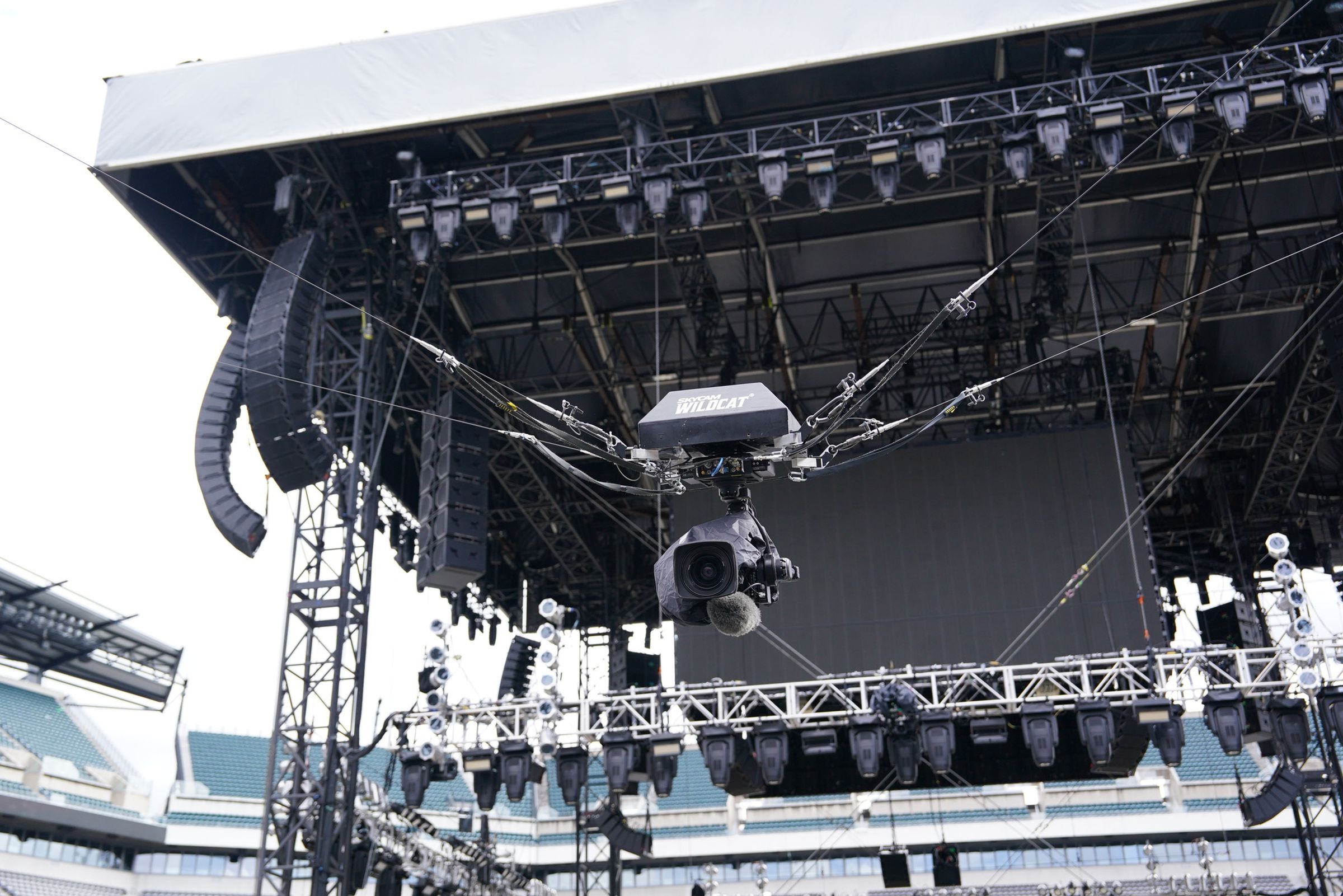 A photo of a skycam used for production of WrestleMania 40.