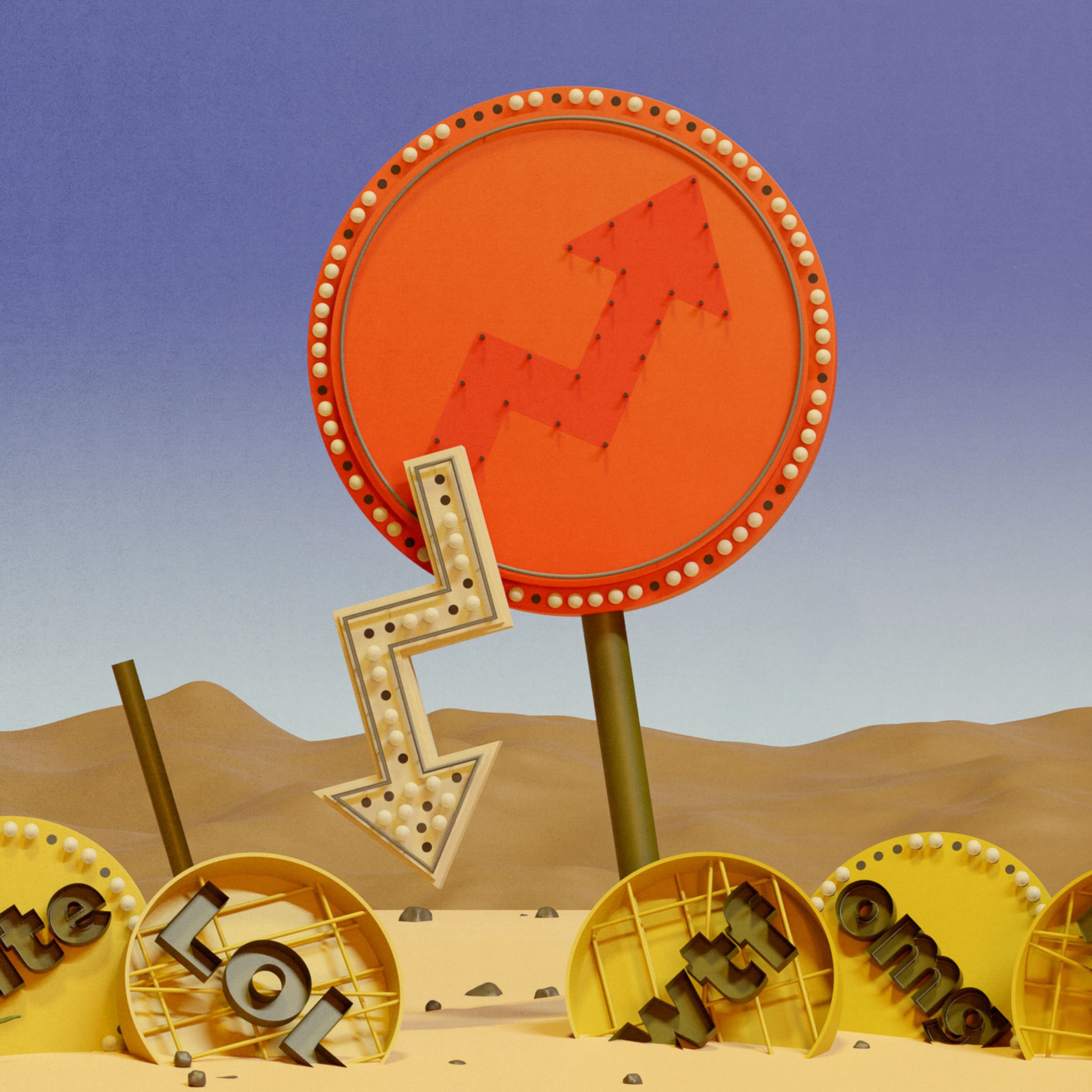An old beat-up sign in the shape of the BuzzFeed logo icon in a desert setting surrounded by several smaller beat-up yellow signs that say “cute,” “lol,” “wtf,” and “omg” on them.