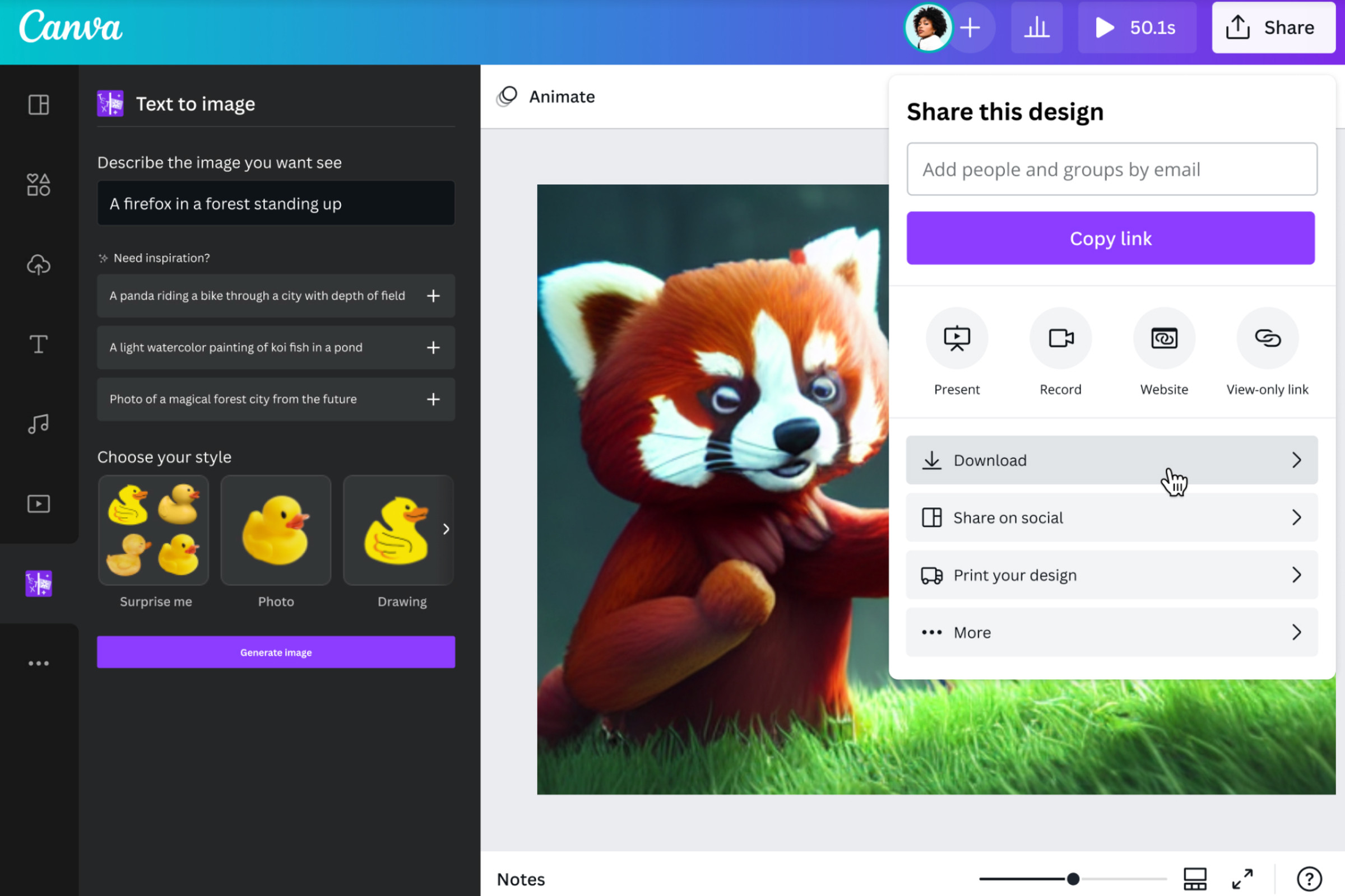 A screenshot of Canva’s text-to-image tool showing an AI generated image of a red panda and the options to portray it in different styles.