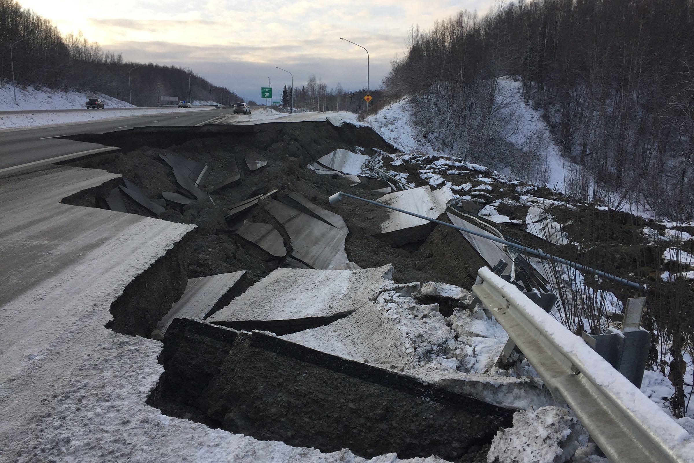 Earthquake damage sustained on southbound lanes near Mirror Lake in Alaska. 
